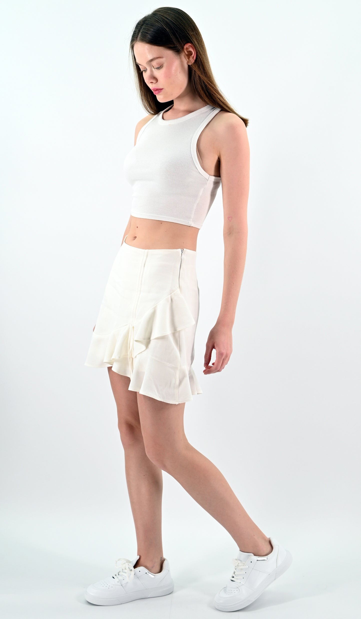 Asymmetric Short Skirt with Ruffle Details - White