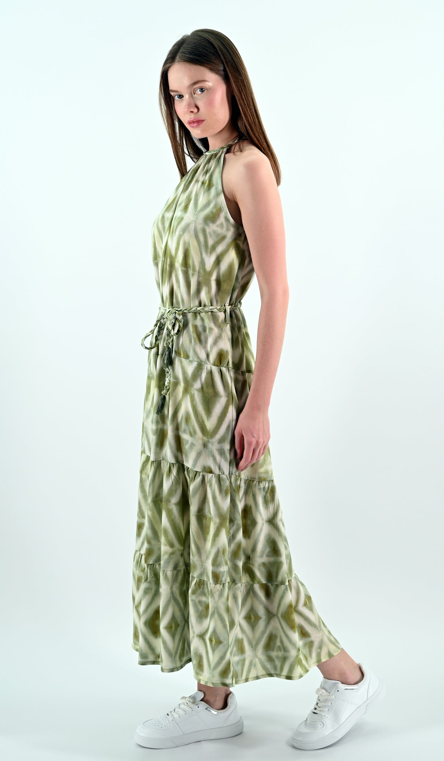 Halter Neck Ethnic Patterned Green Dress