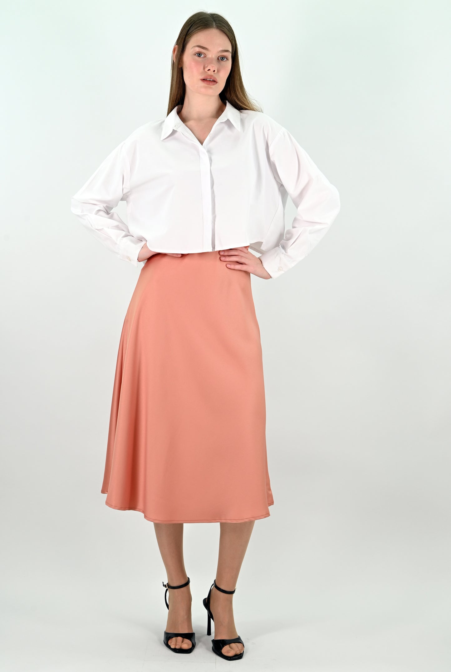 Pink Satin Midi Skirt