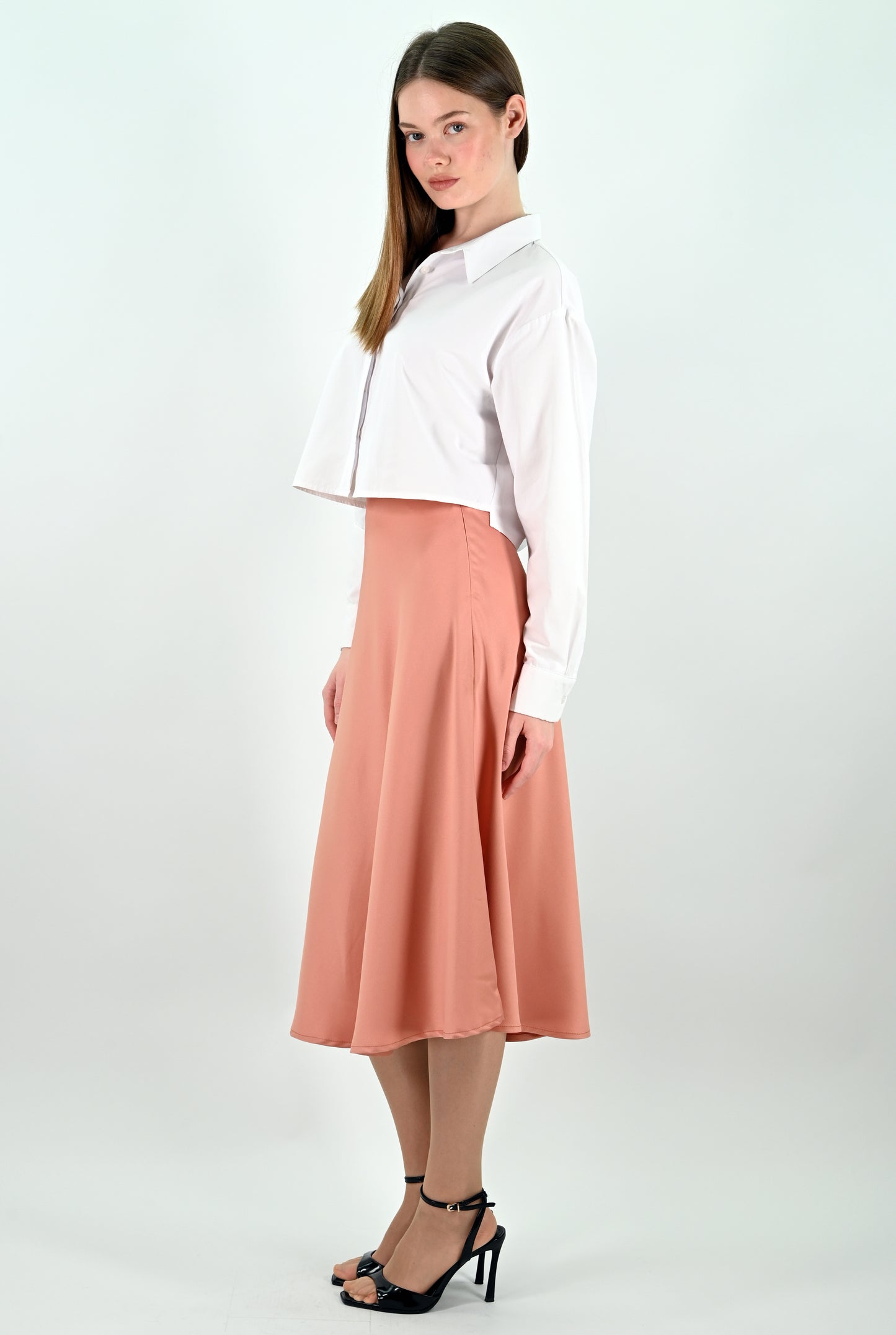 Pink Satin Midi Skirt
