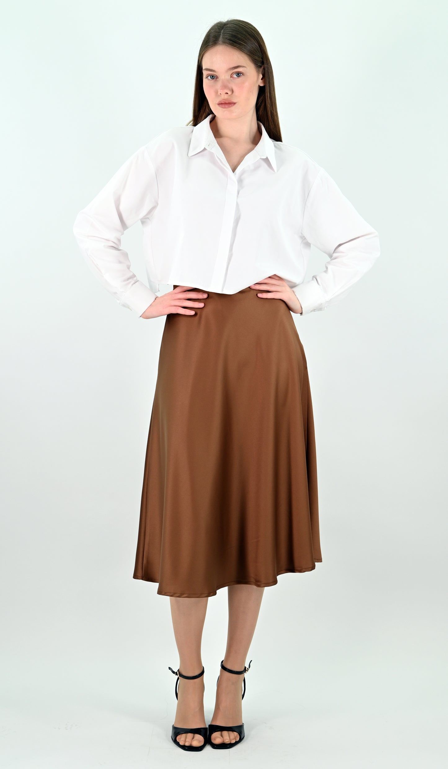 Brown Satin Midi Skirt