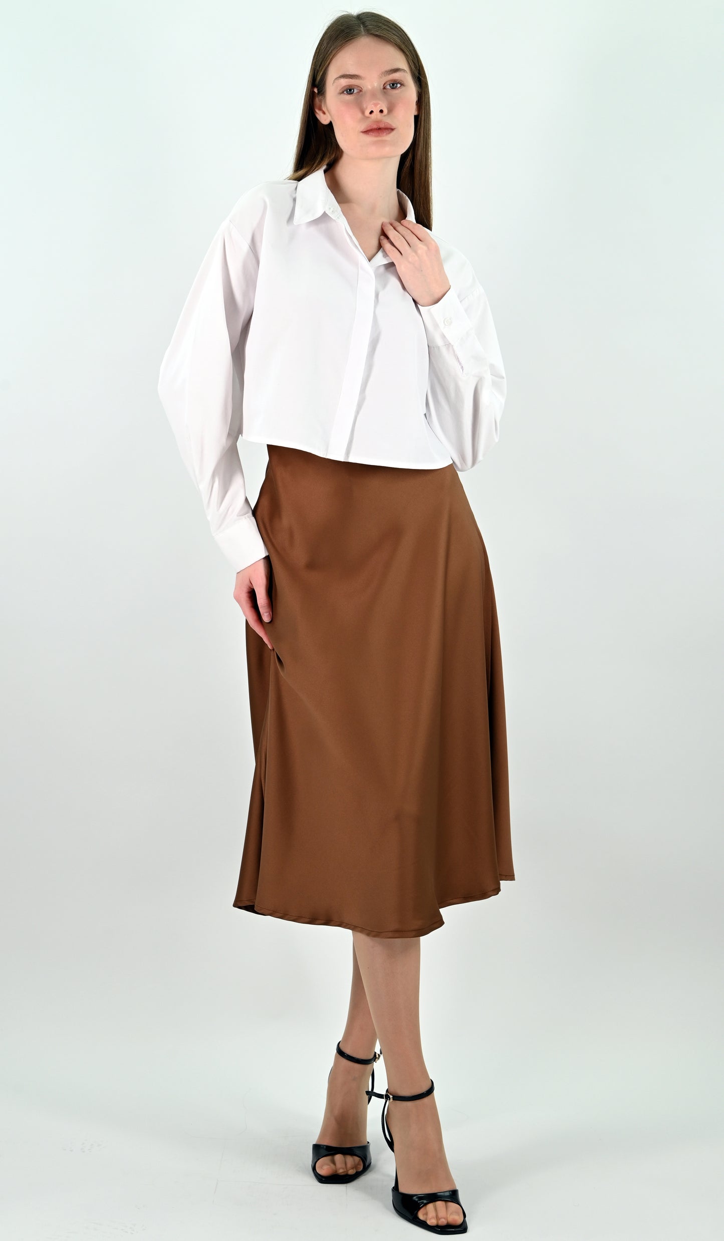 Brown Satin Midi Skirt
