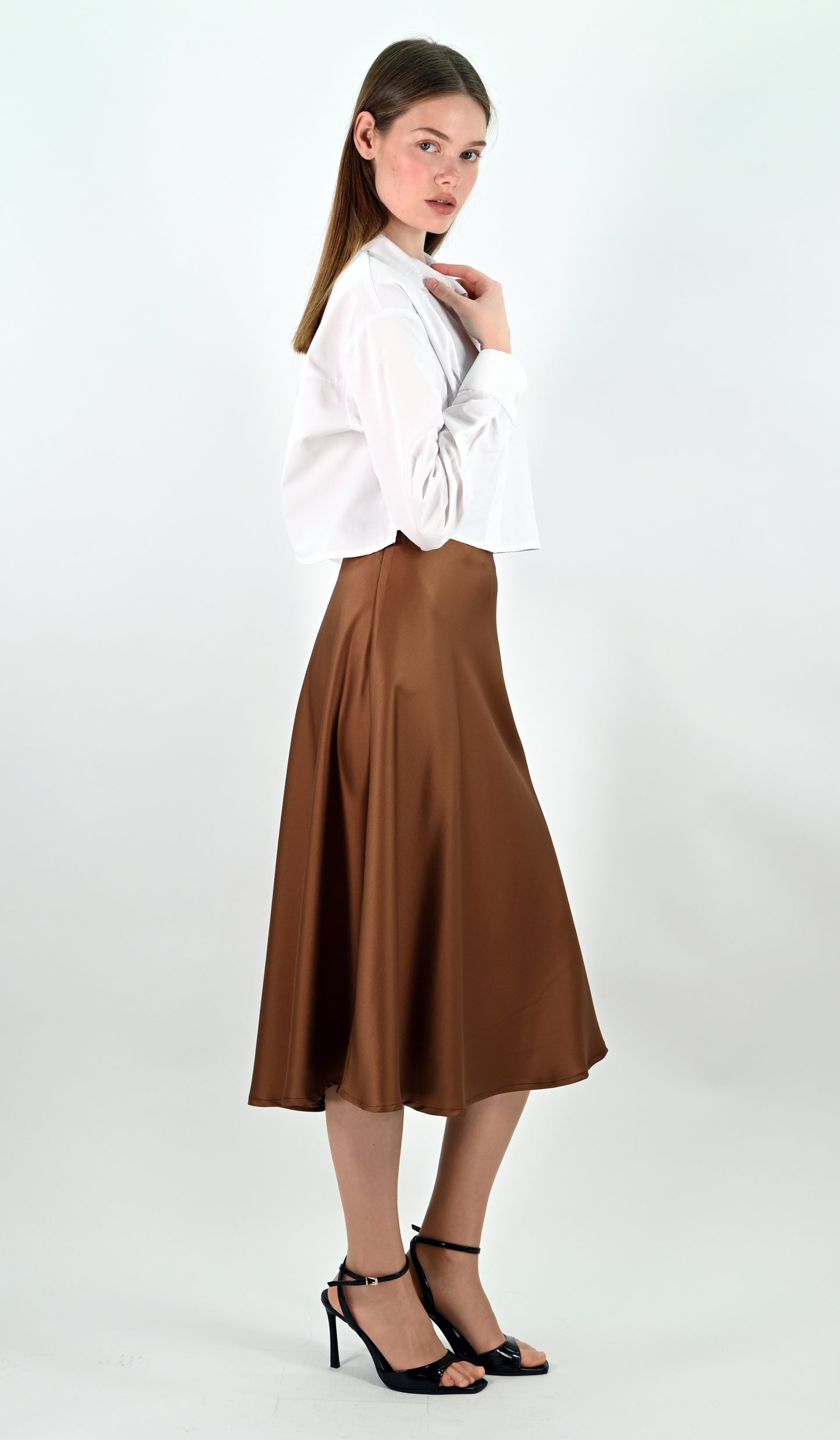 Brown Satin Midi Skirt