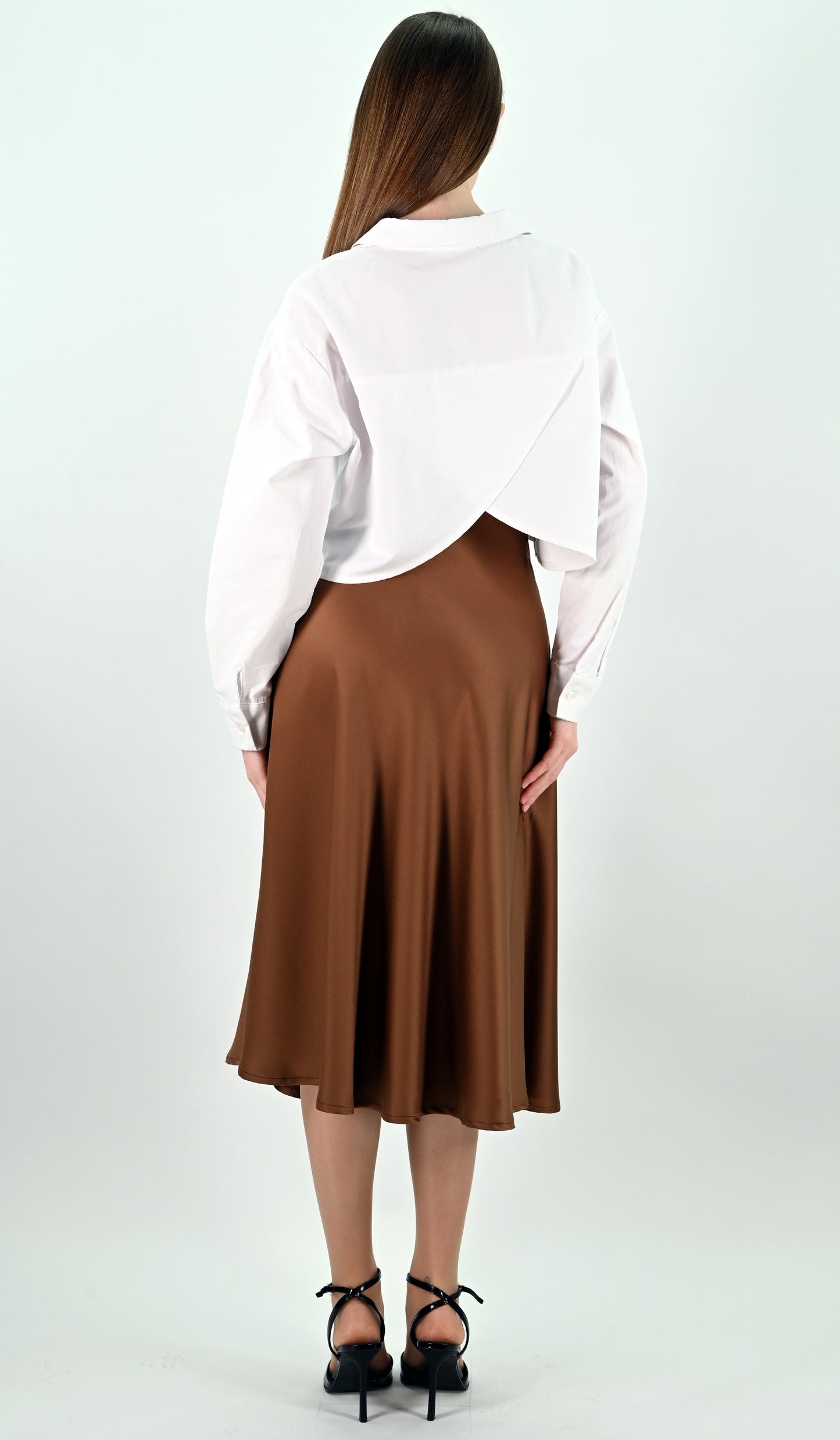 Brown Satin Midi Skirt