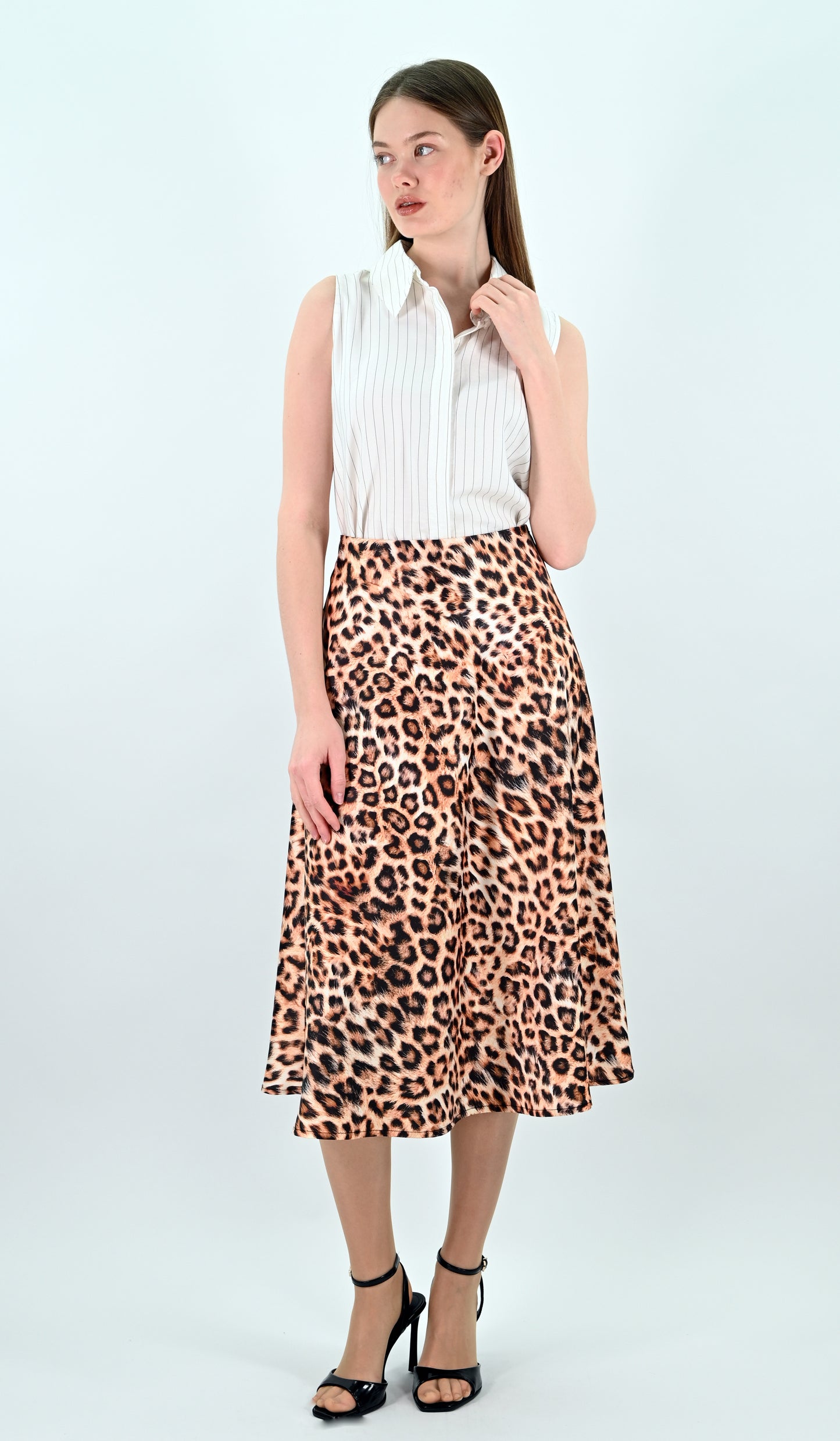 Leopard Print Satin Midi Skirt