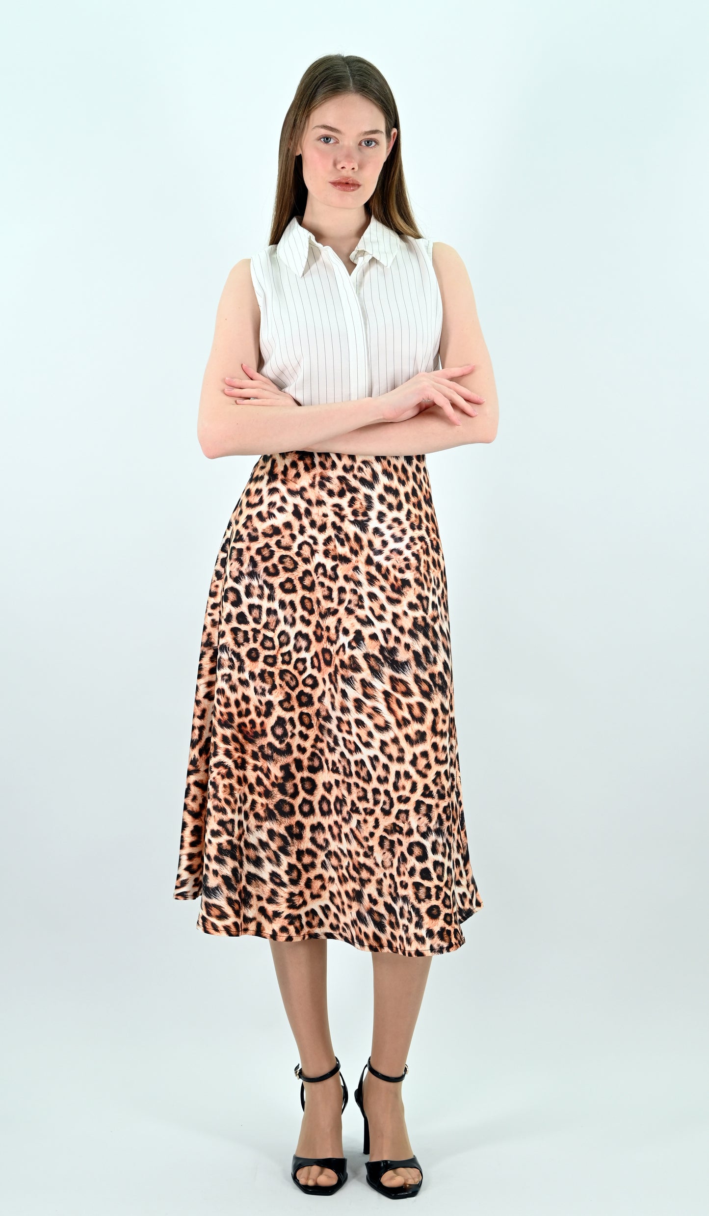 Leopard Print Satin Midi Skirt