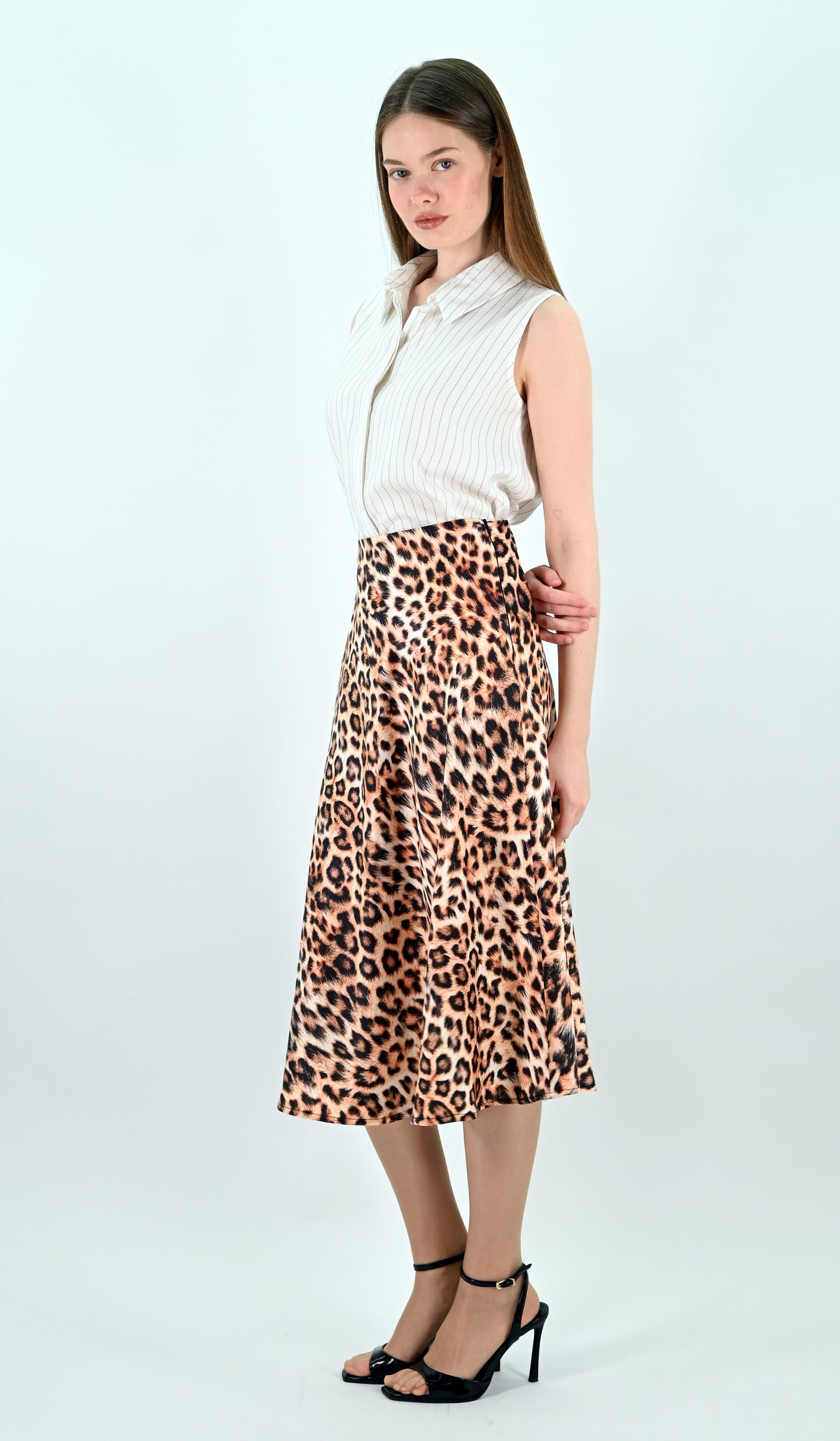 Leopard Print Satin Midi Skirt