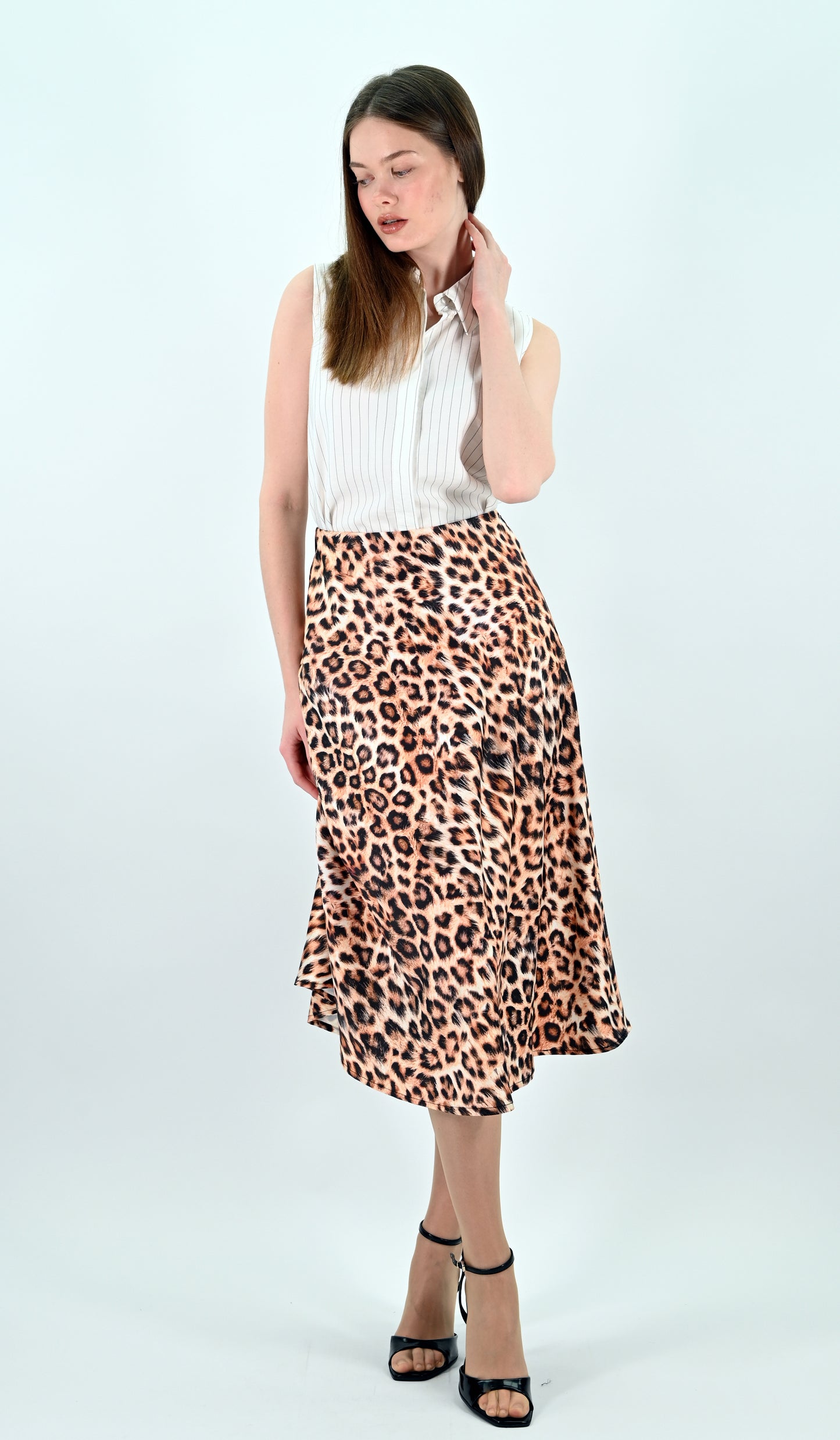 Leopard Print Satin Midi Skirt