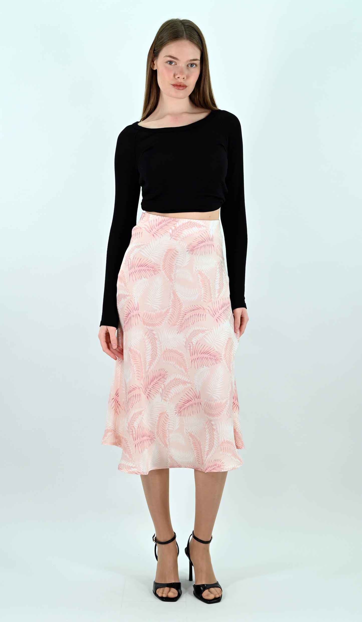 Palm Print Satin Midi Skirt