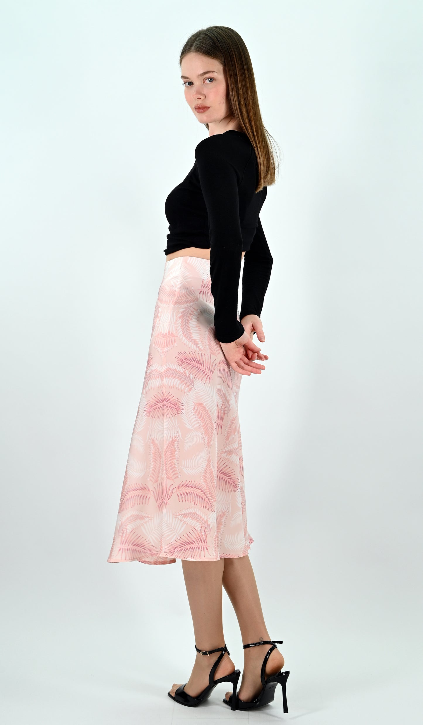 Palm Print Satin Midi Skirt