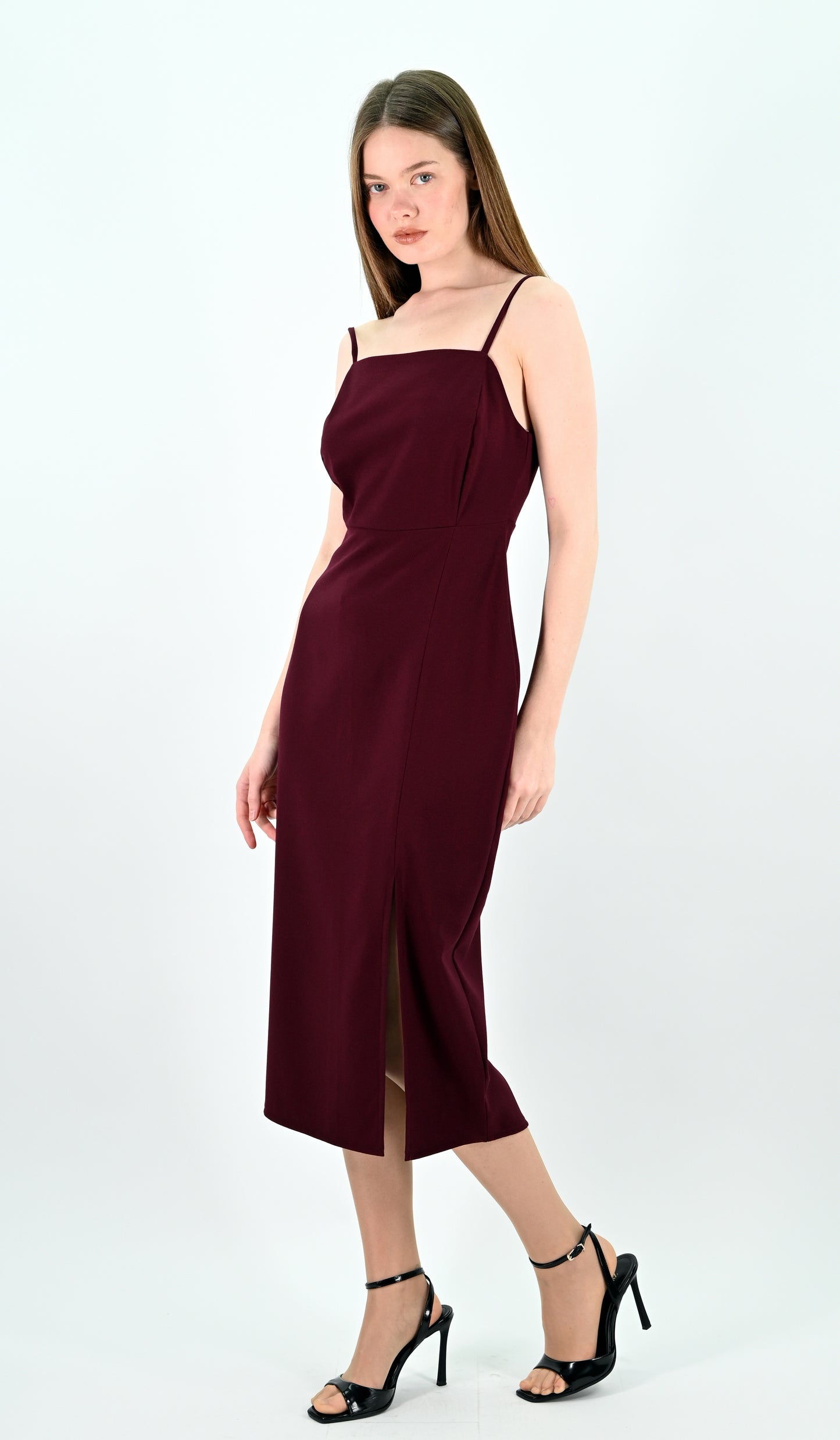 Slip Midi Dress with Spaghetti Straps - Bordeaux