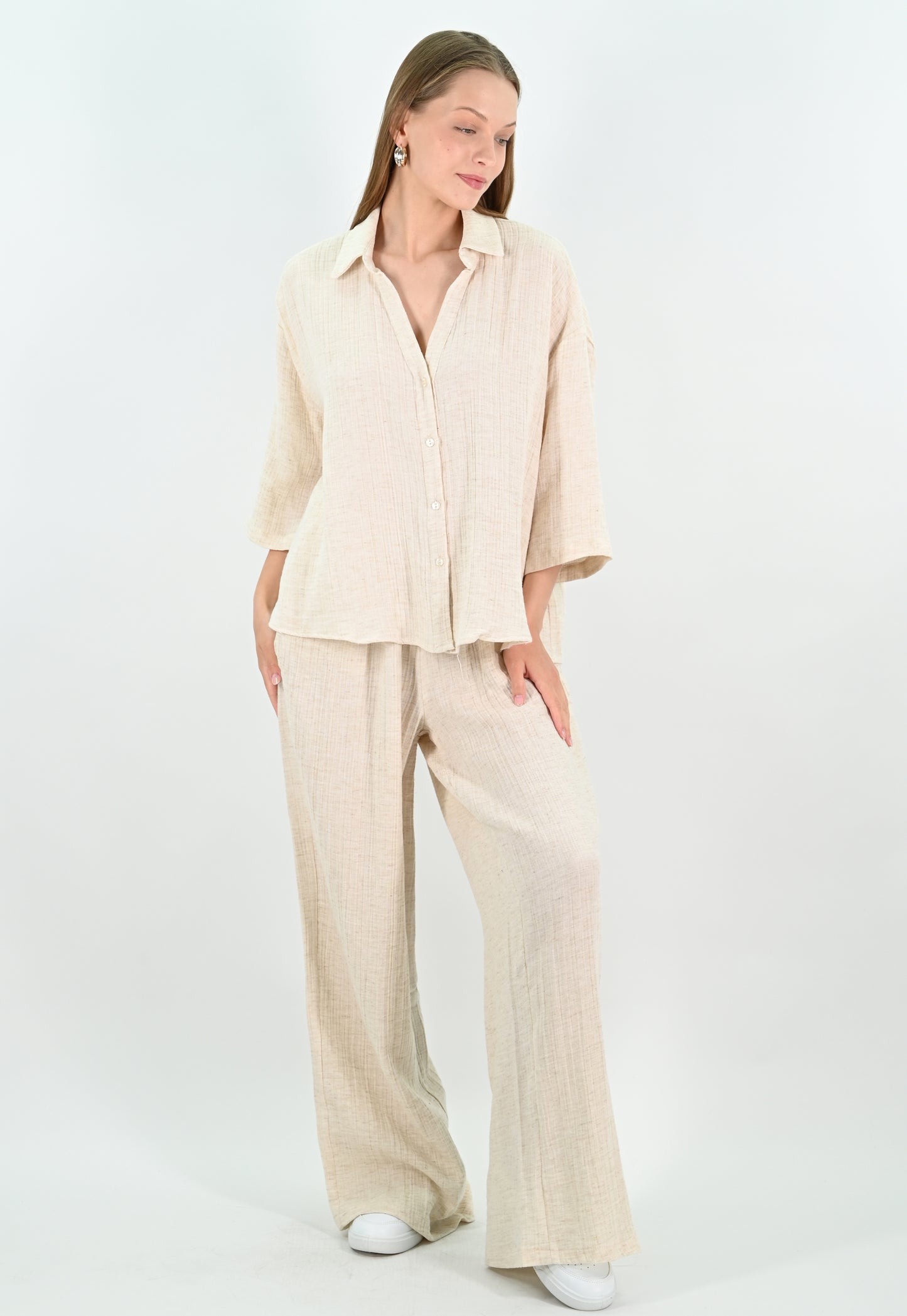 Linen Blend Oversize Shirt - Beige