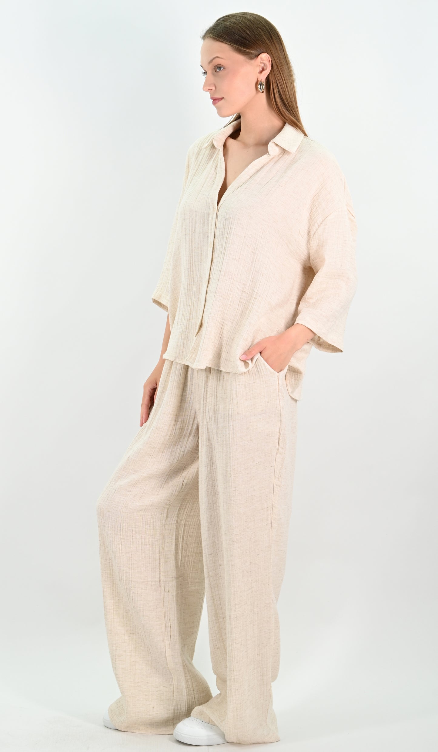 Linen Blend Oversize Shirt - Beige