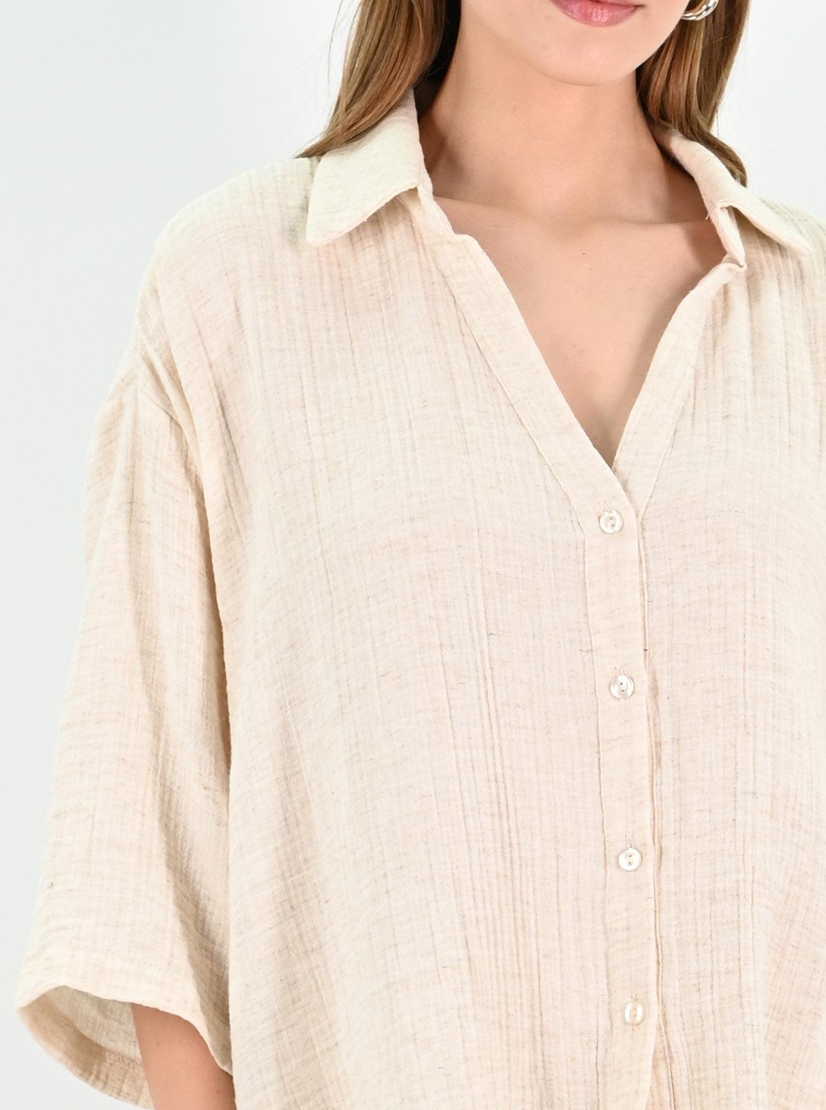 Linen Blend Oversize Shirt - Beige