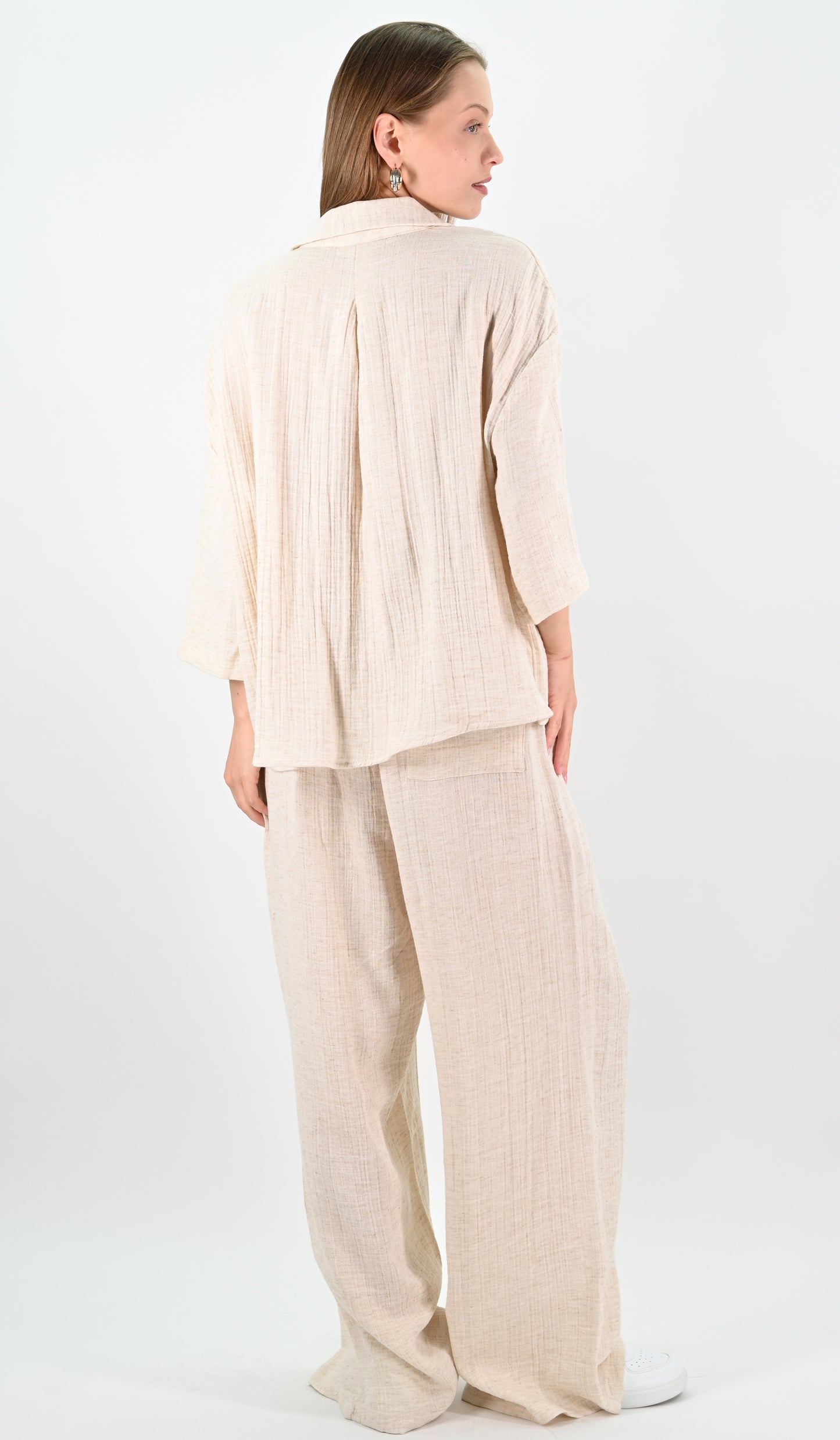 Linen Blend Oversize Shirt - Beige