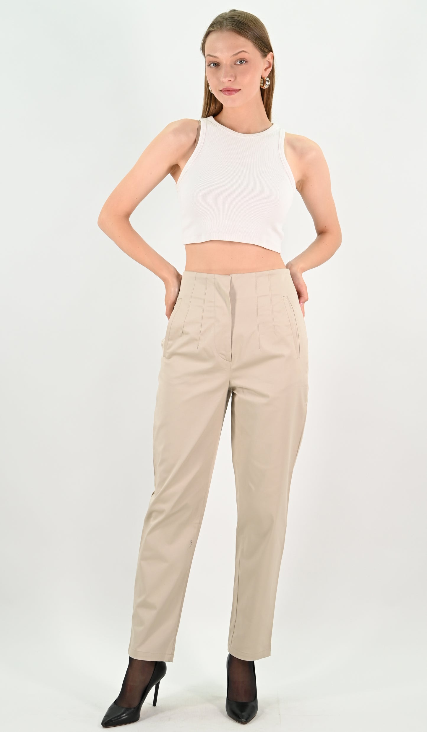 High Waist Trousers - Beige