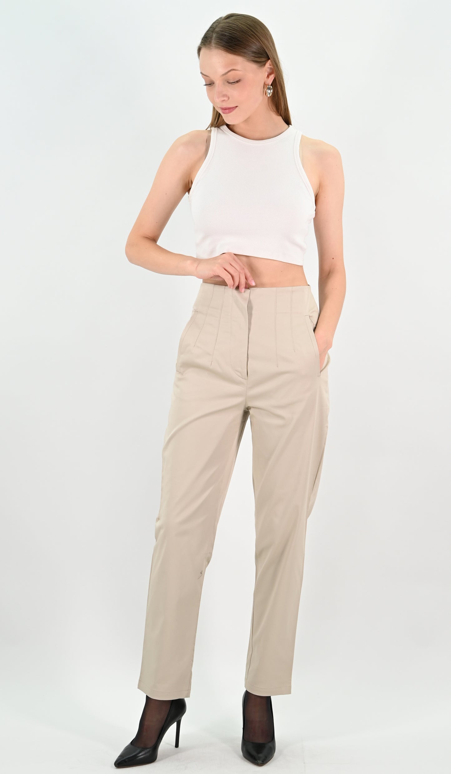 High Waist Trousers - Beige