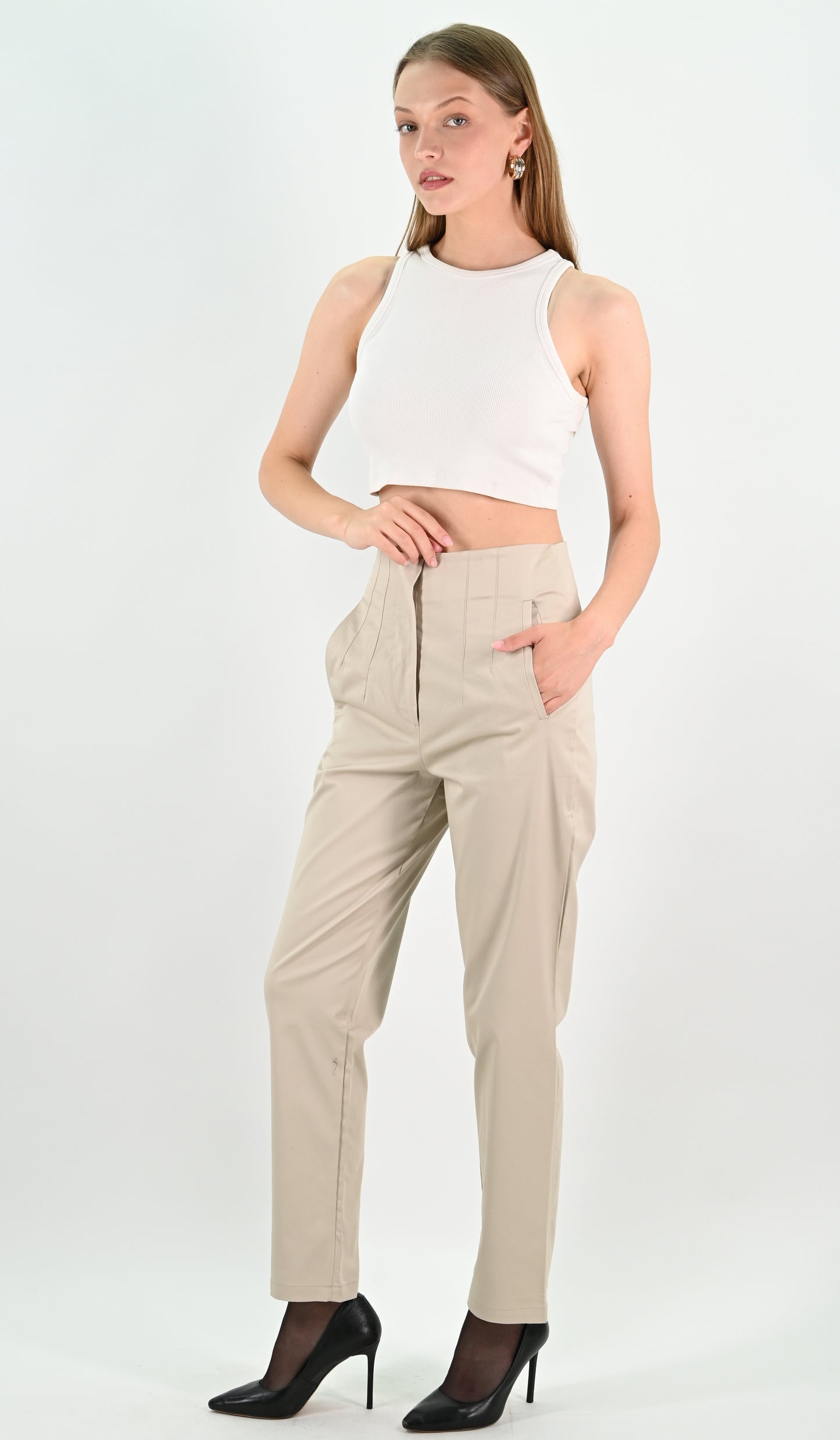 High Waist Trousers - Beige