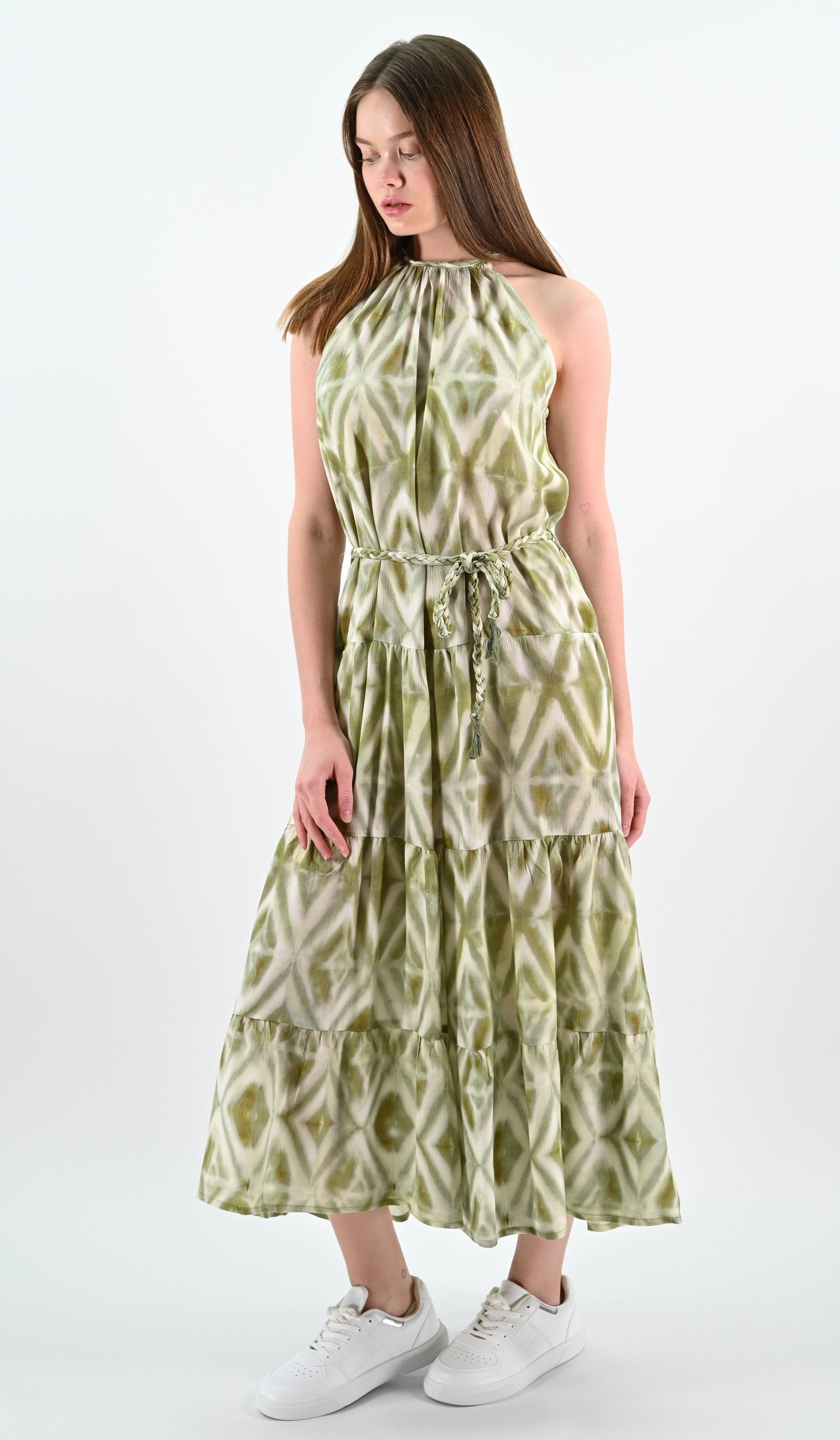 Halter Neck Ethnic Patterned Green Dress