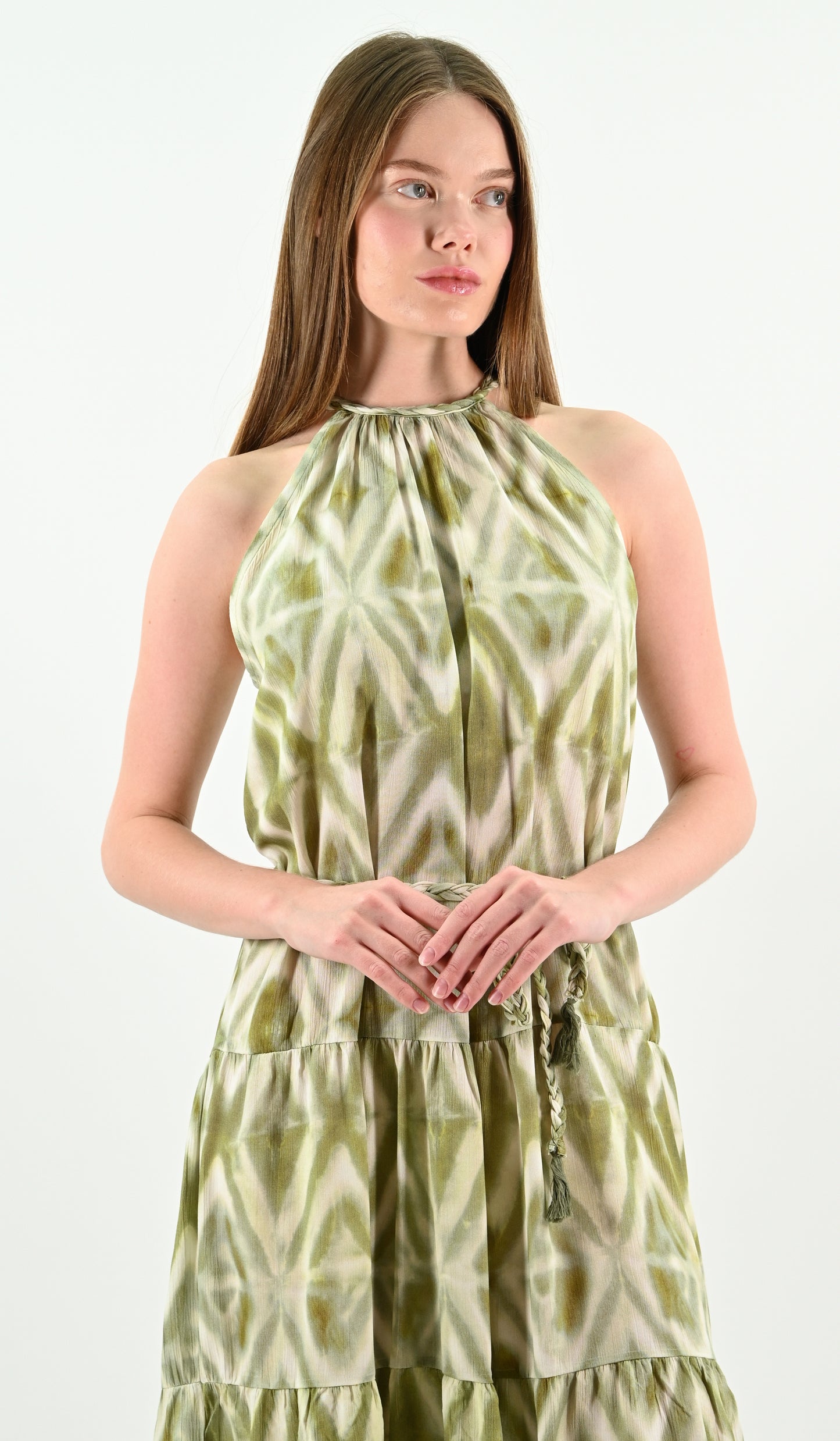 Halter Neck Ethnic Patterned Green Dress