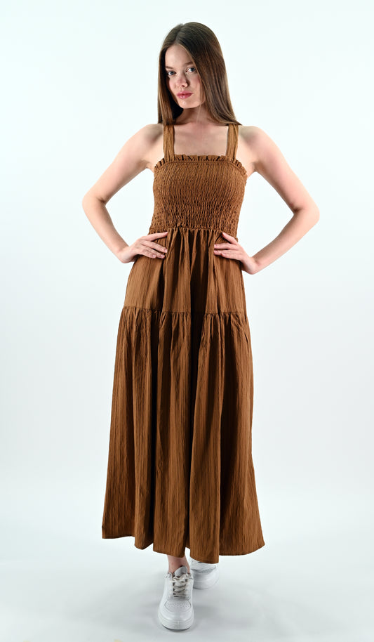 Brown Smocked Midi Dress