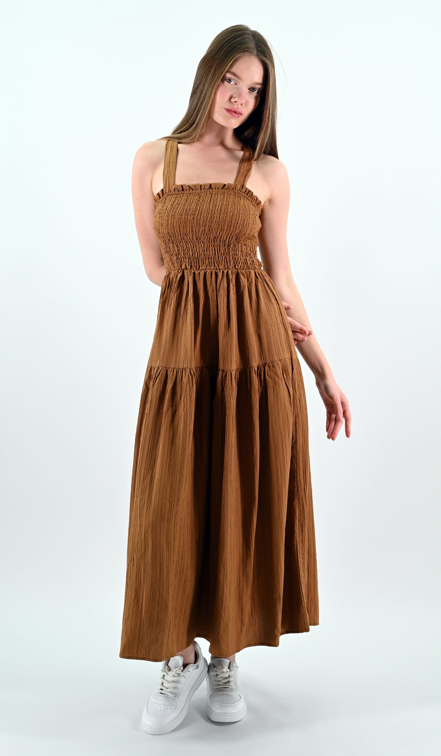 Brown Smocked Midi Dress