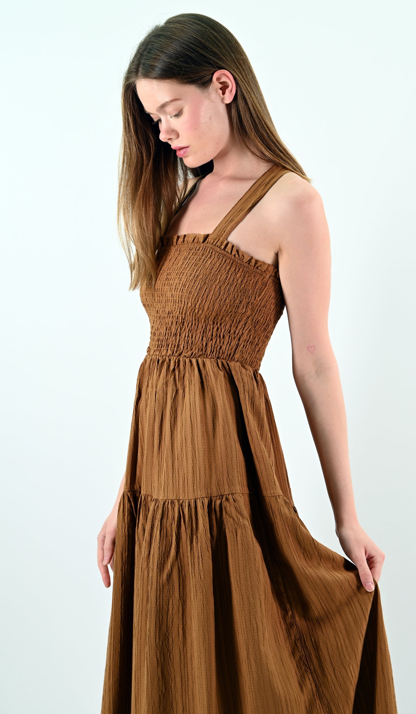 Brown Smocked Midi Dress