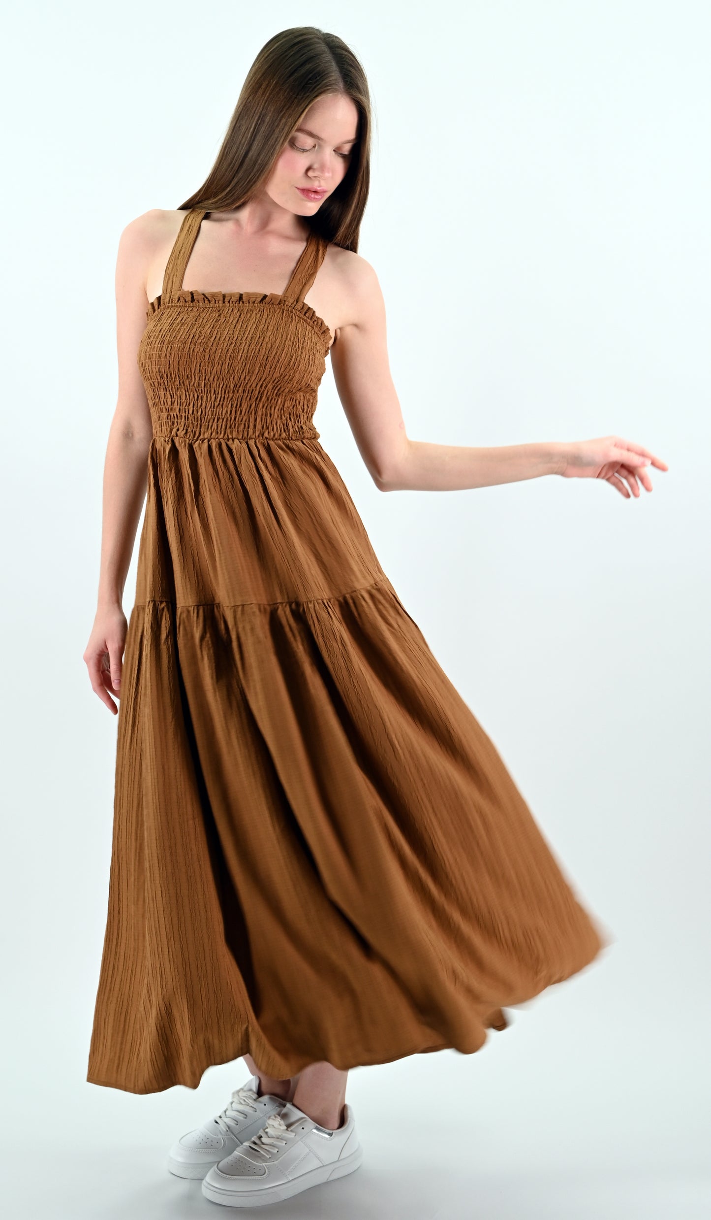 Brown Smocked Midi Dress