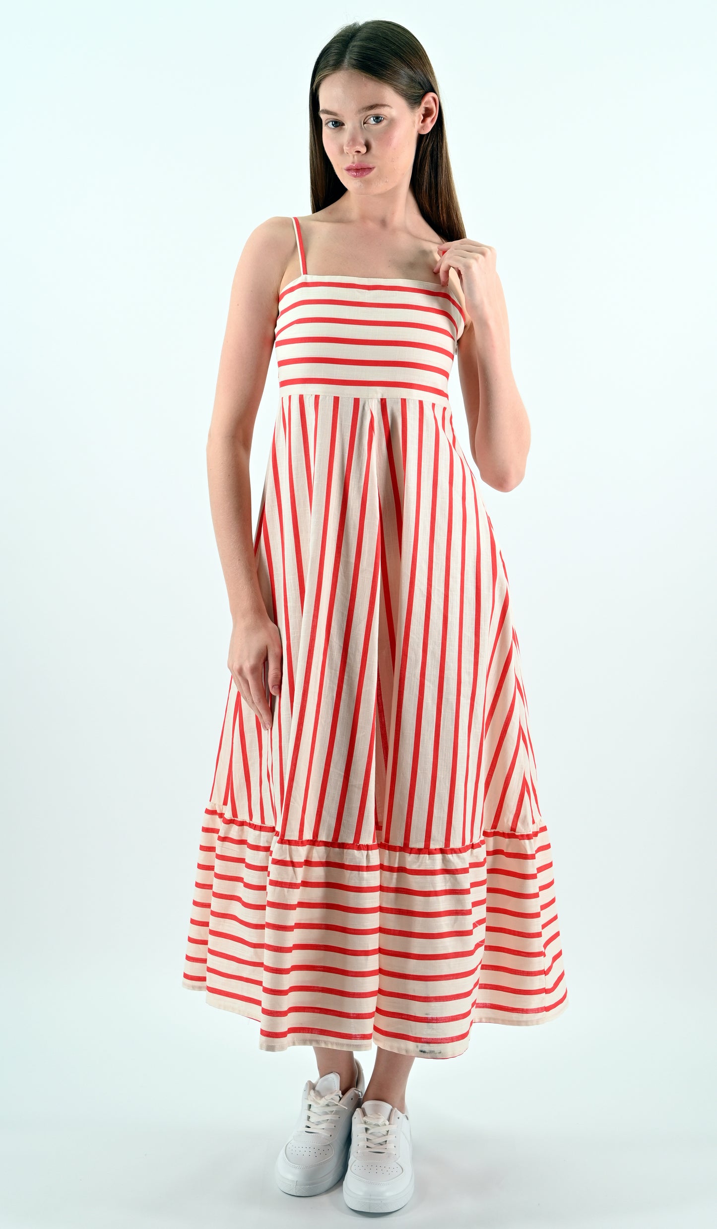 Red-White Striped Sleeveless Midi Dress – YesMooi