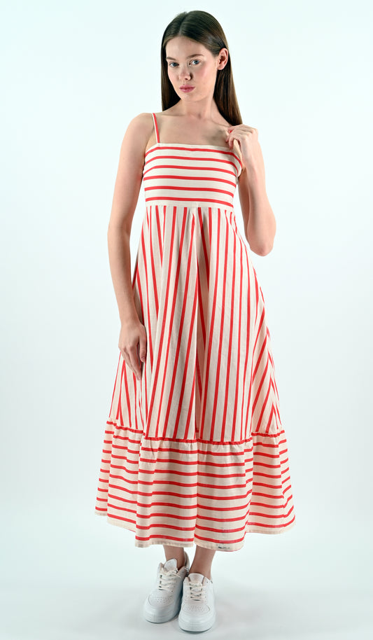 Red-White Striped Sleeveless Midi Dress