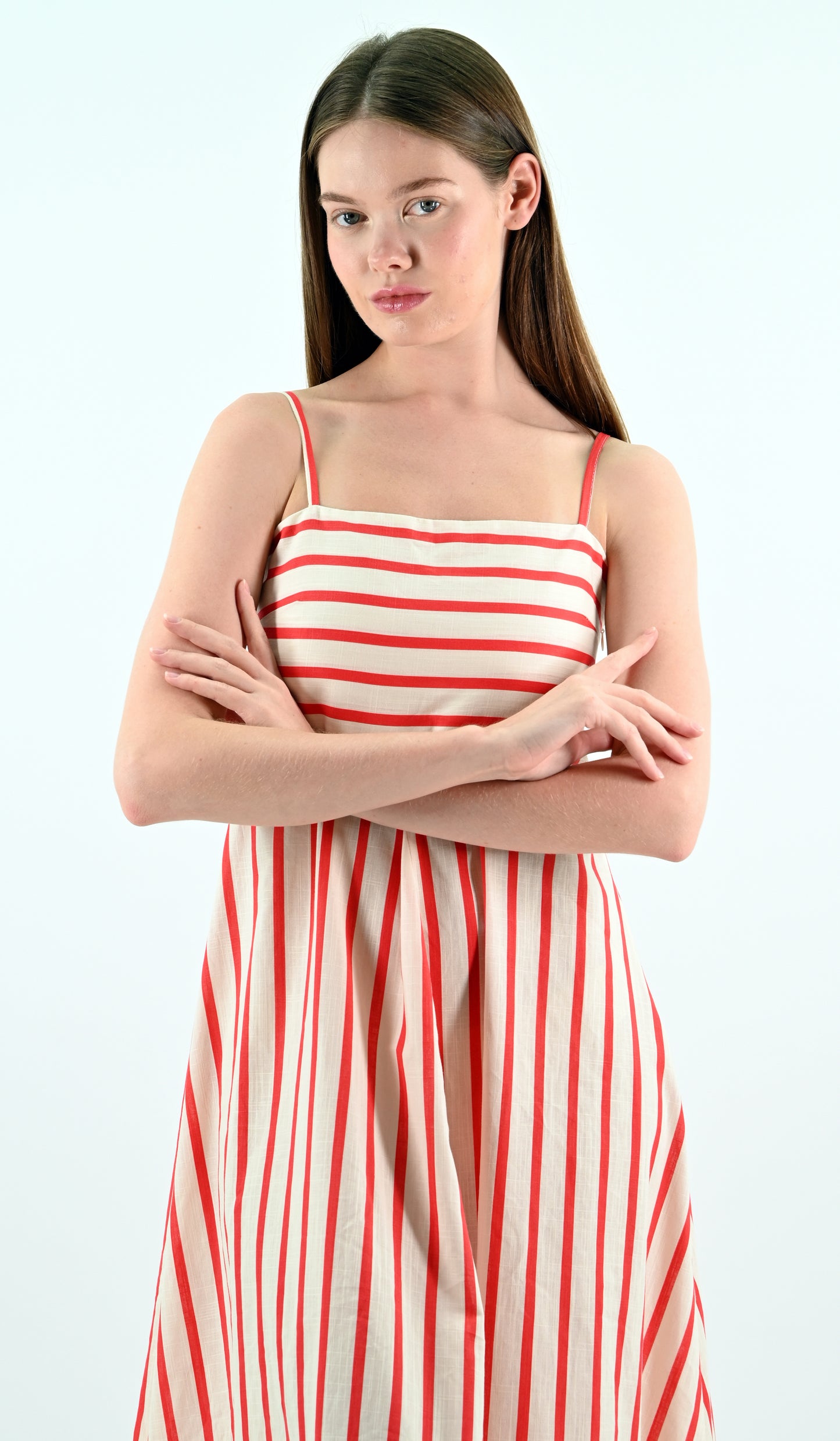 Red-White Striped Sleeveless Midi Dress