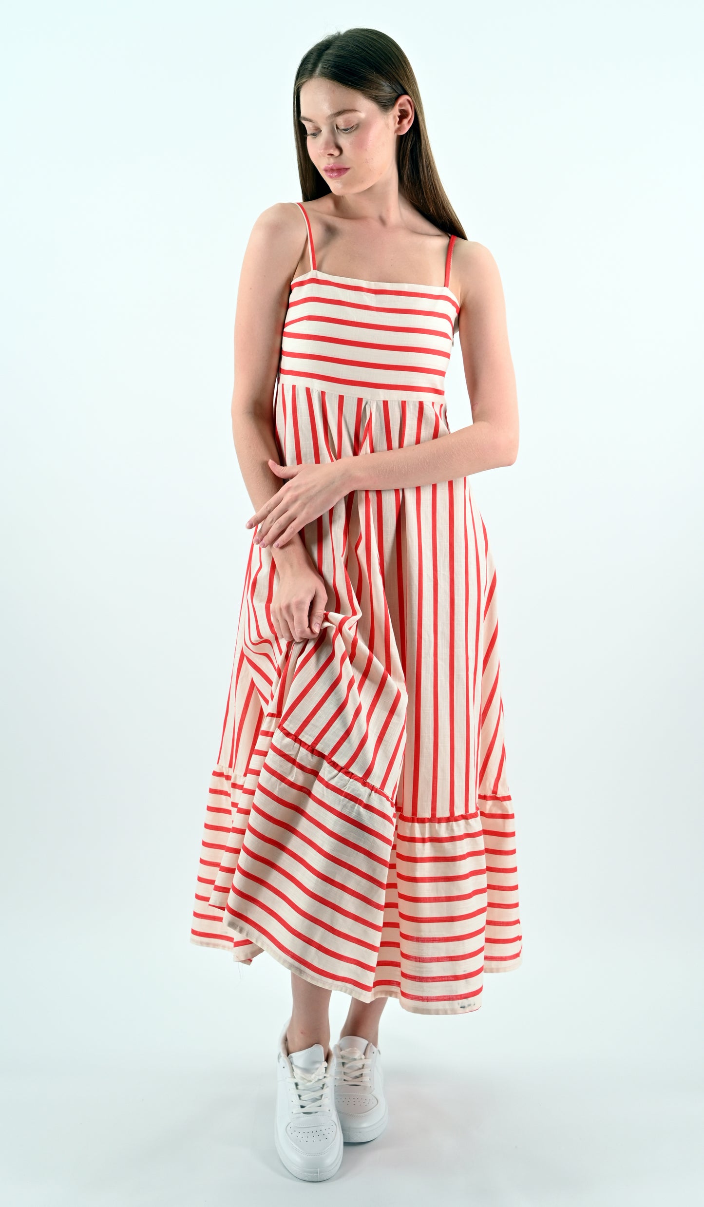 Red-White Striped Sleeveless Midi Dress