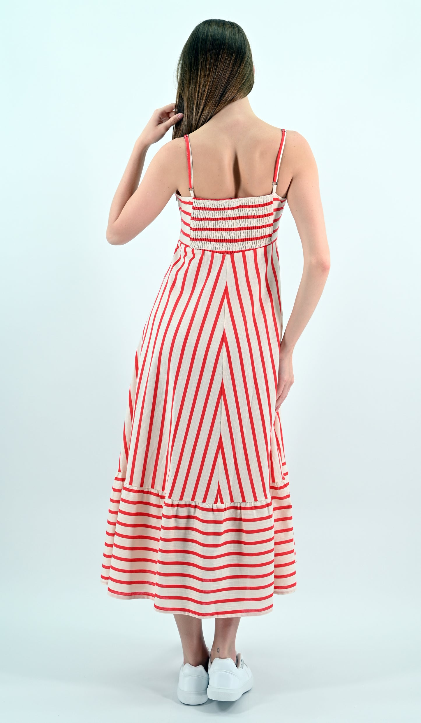 Red-White Striped Sleeveless Midi Dress