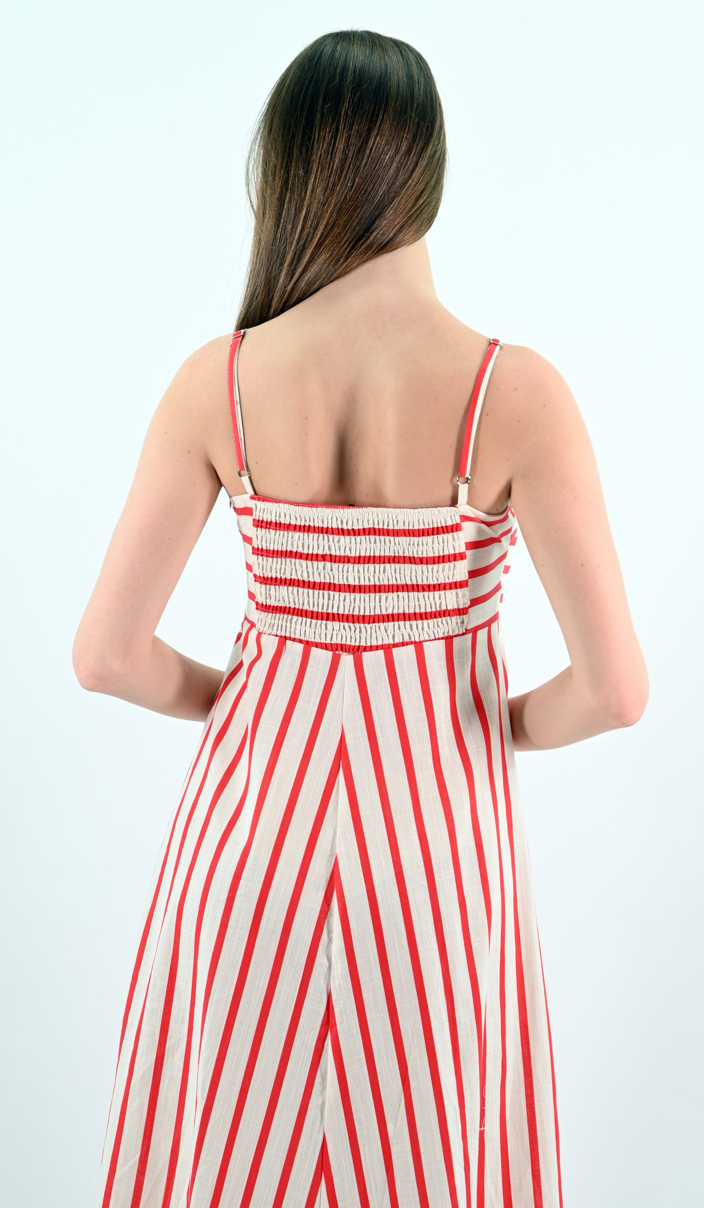 Red-White Striped Sleeveless Midi Dress