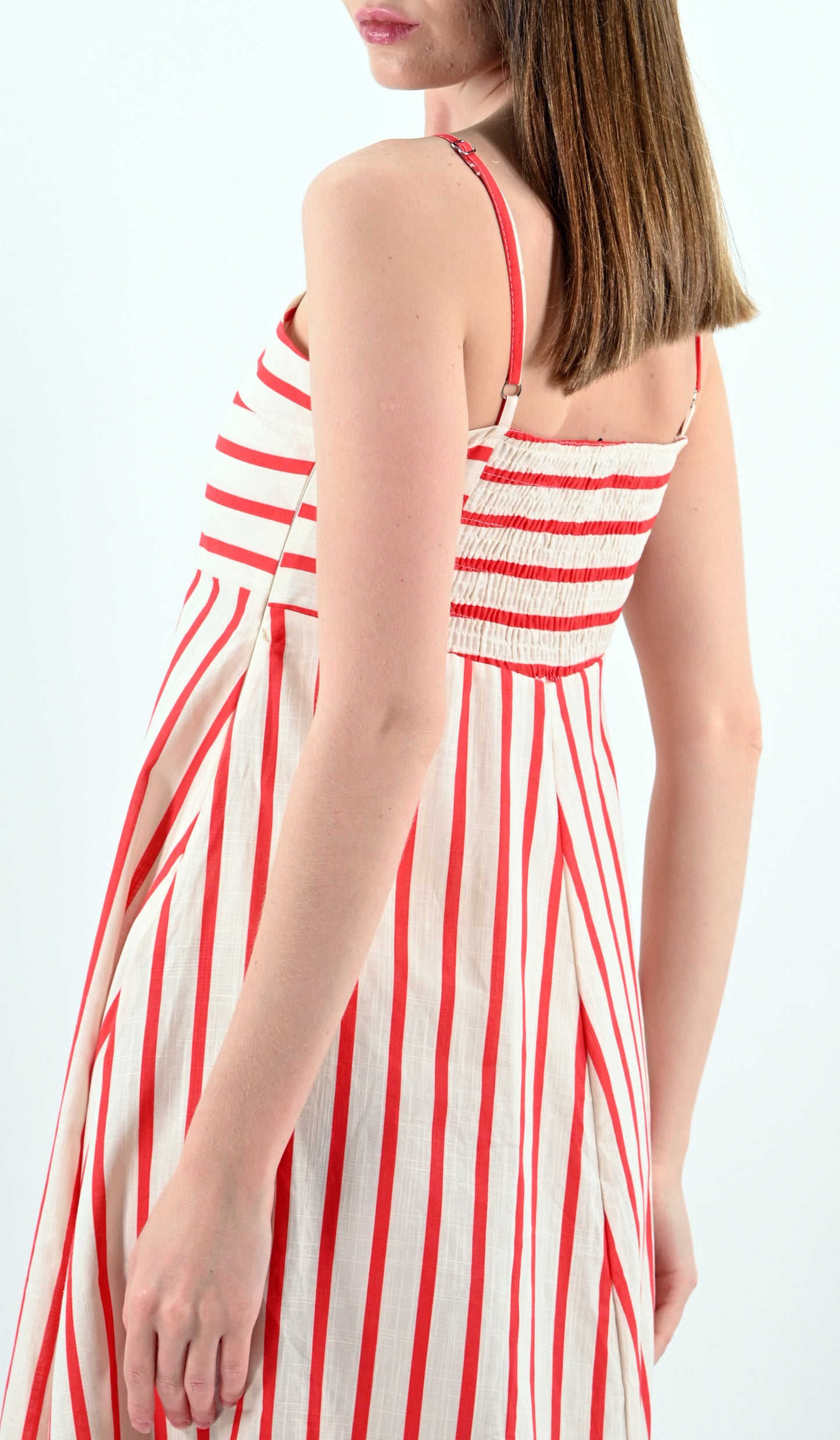 Red-White Striped Sleeveless Midi Dress