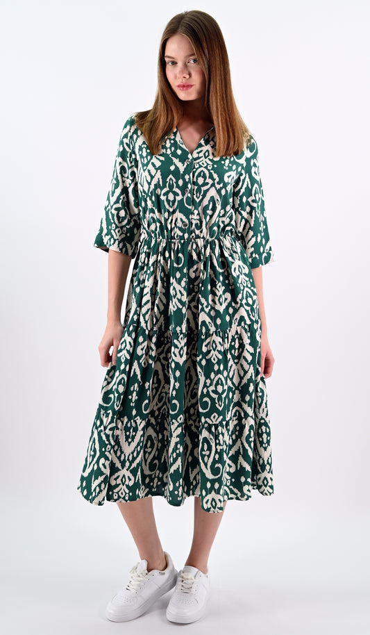 Ethnic Patterned Green Midi Dress