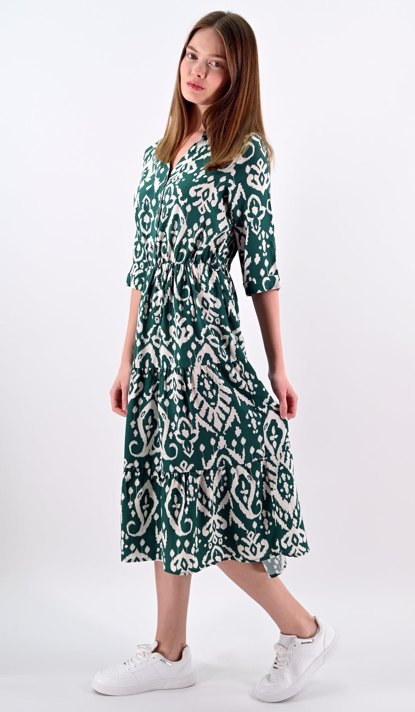 Ethnic Patterned Green Midi Dress