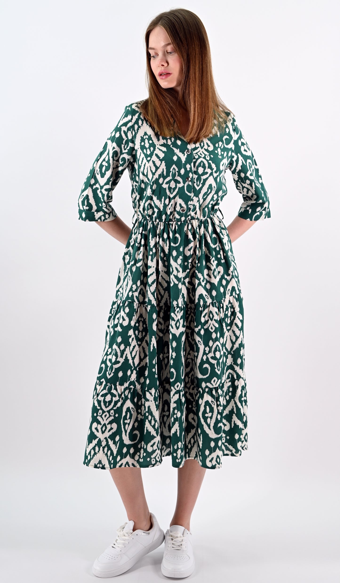 Ethnic Patterned Green Midi Dress