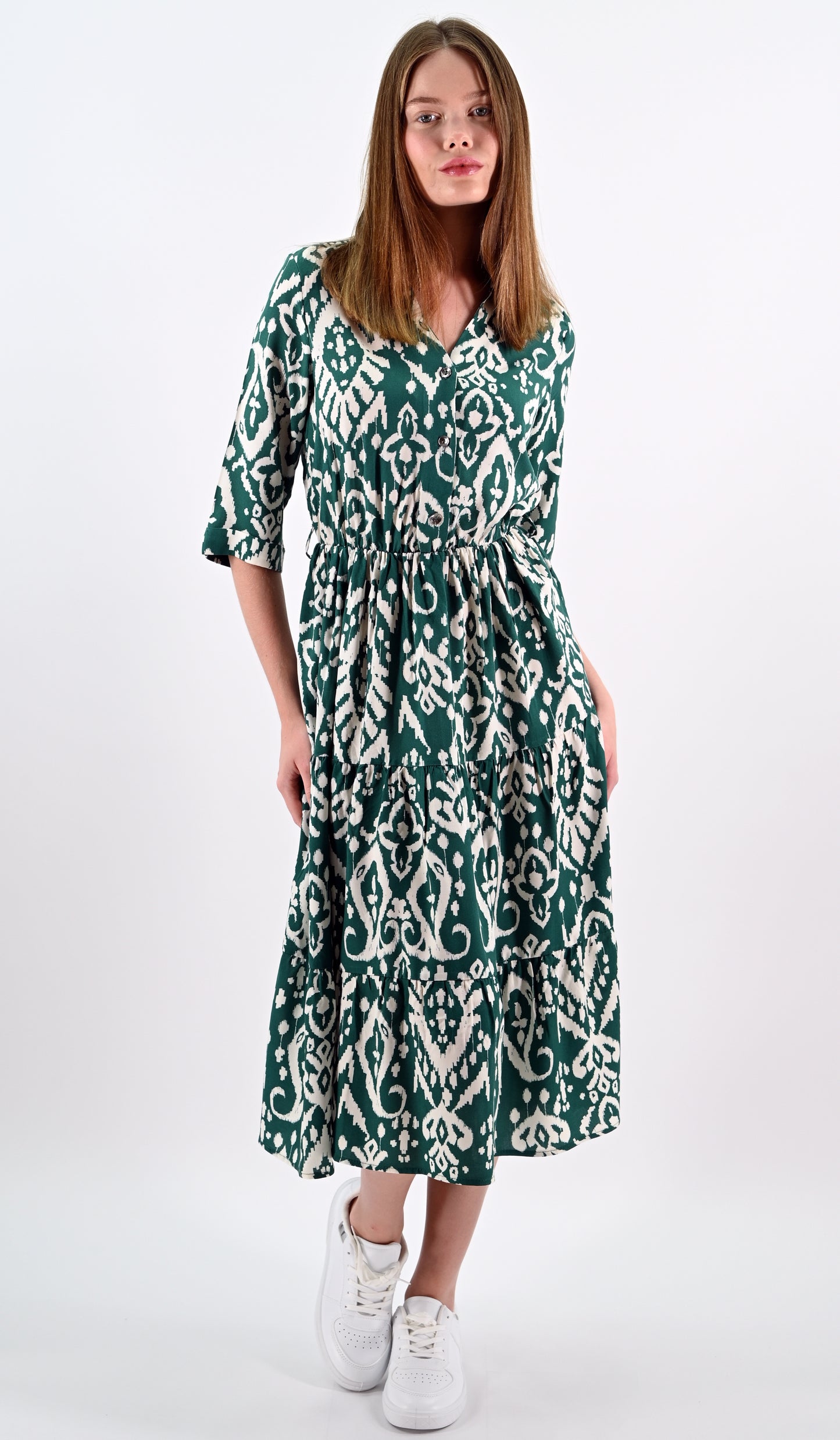 Ethnic Patterned Green Midi Dress