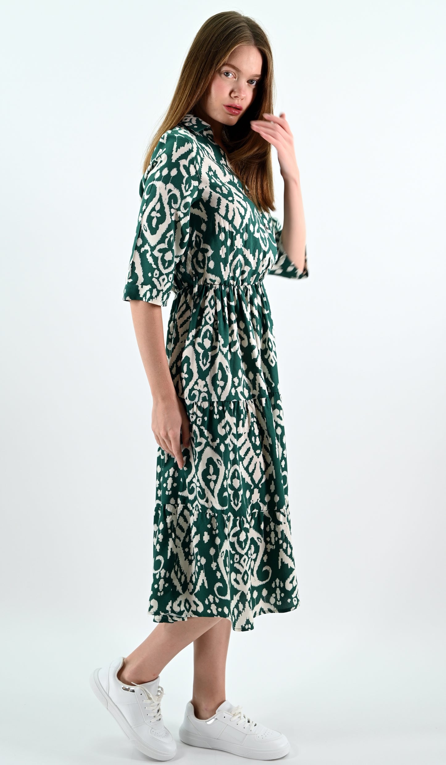 Ethnic Patterned Green Midi Dress