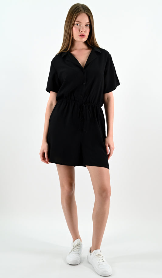 Short Sleeve Button-Up Jumpsuit - Black