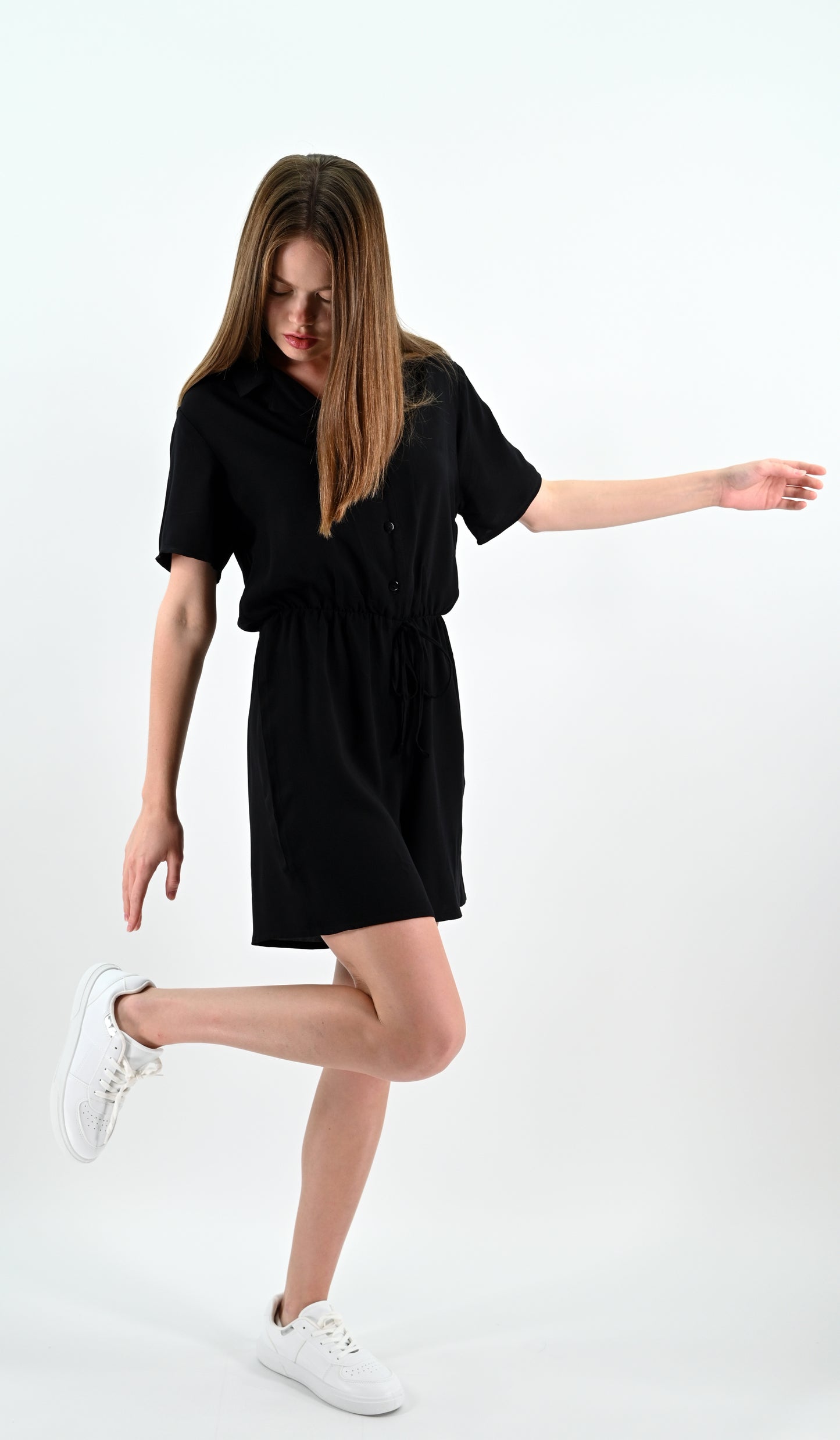 Short Sleeve Button-Up Jumpsuit - Black