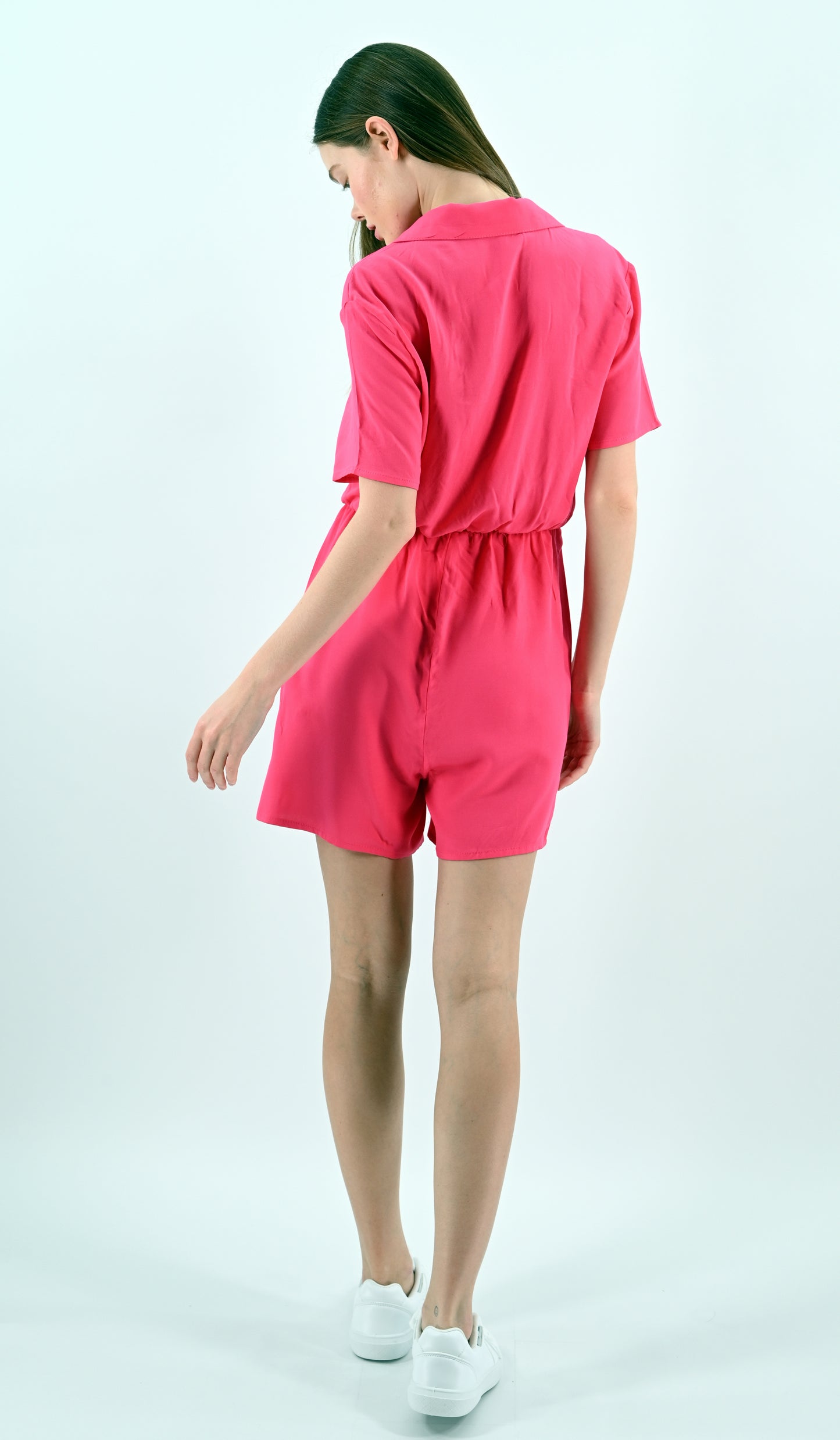 Short Sleeve Button-Up Jumpsuit - Fuchsia