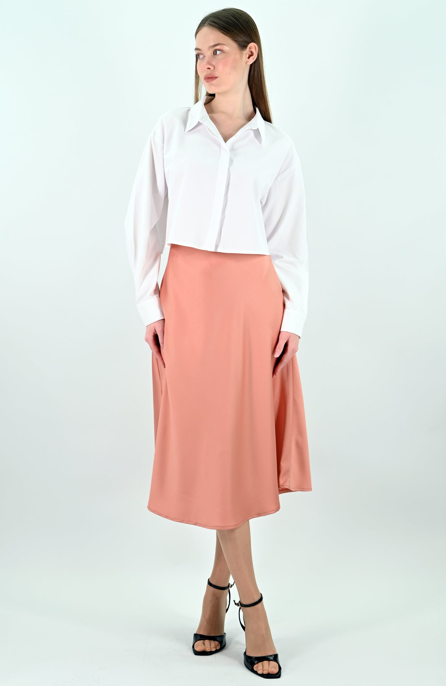 Pink Satin Midi Skirt
