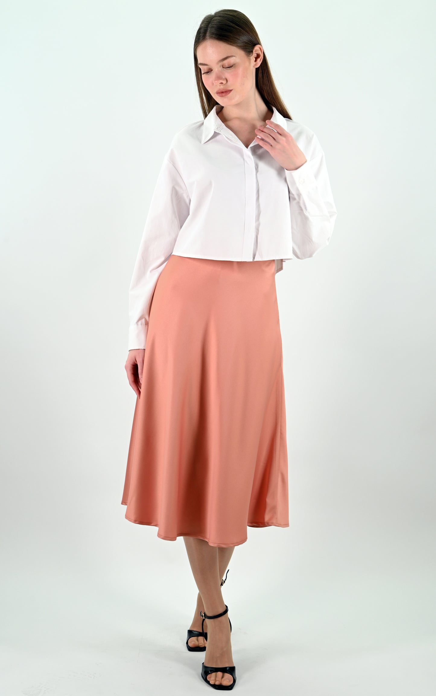 Pink Satin Midi Skirt
