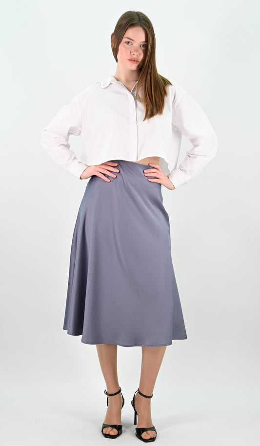 Blue-Grey Satin Midi Skirt