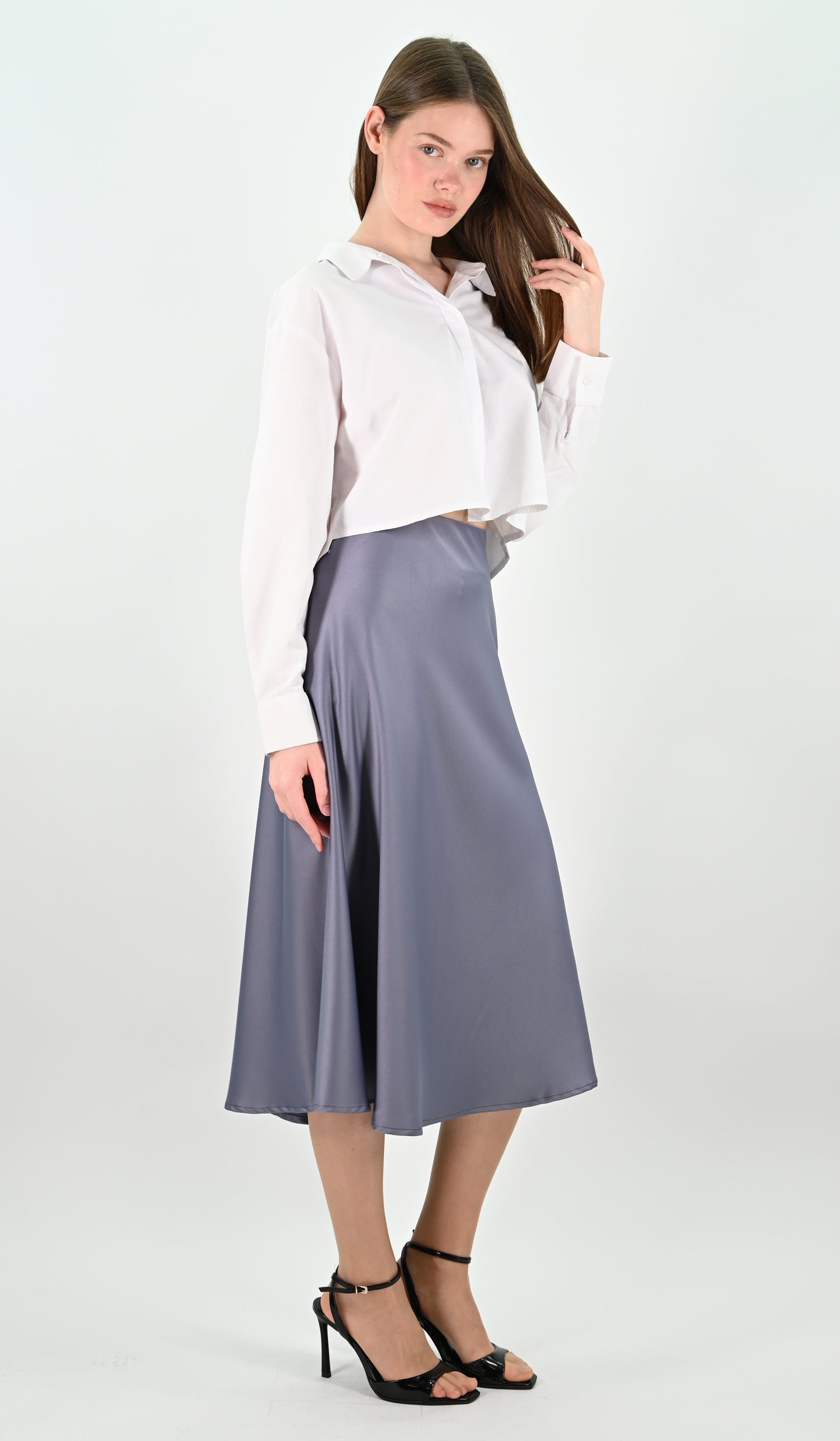 Blue-Grey Satin Midi Skirt