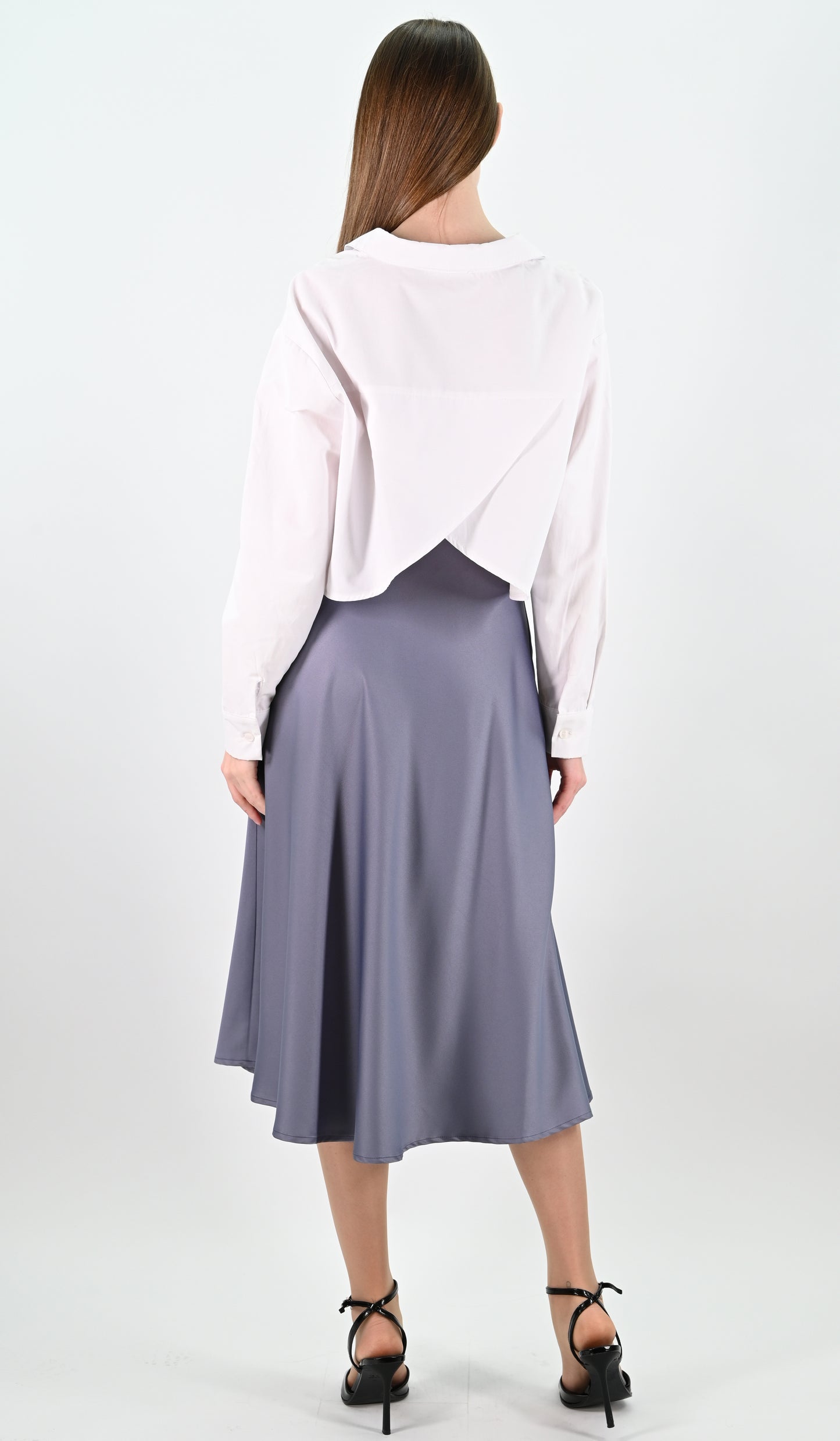 Blue-Grey Satin Midi Skirt