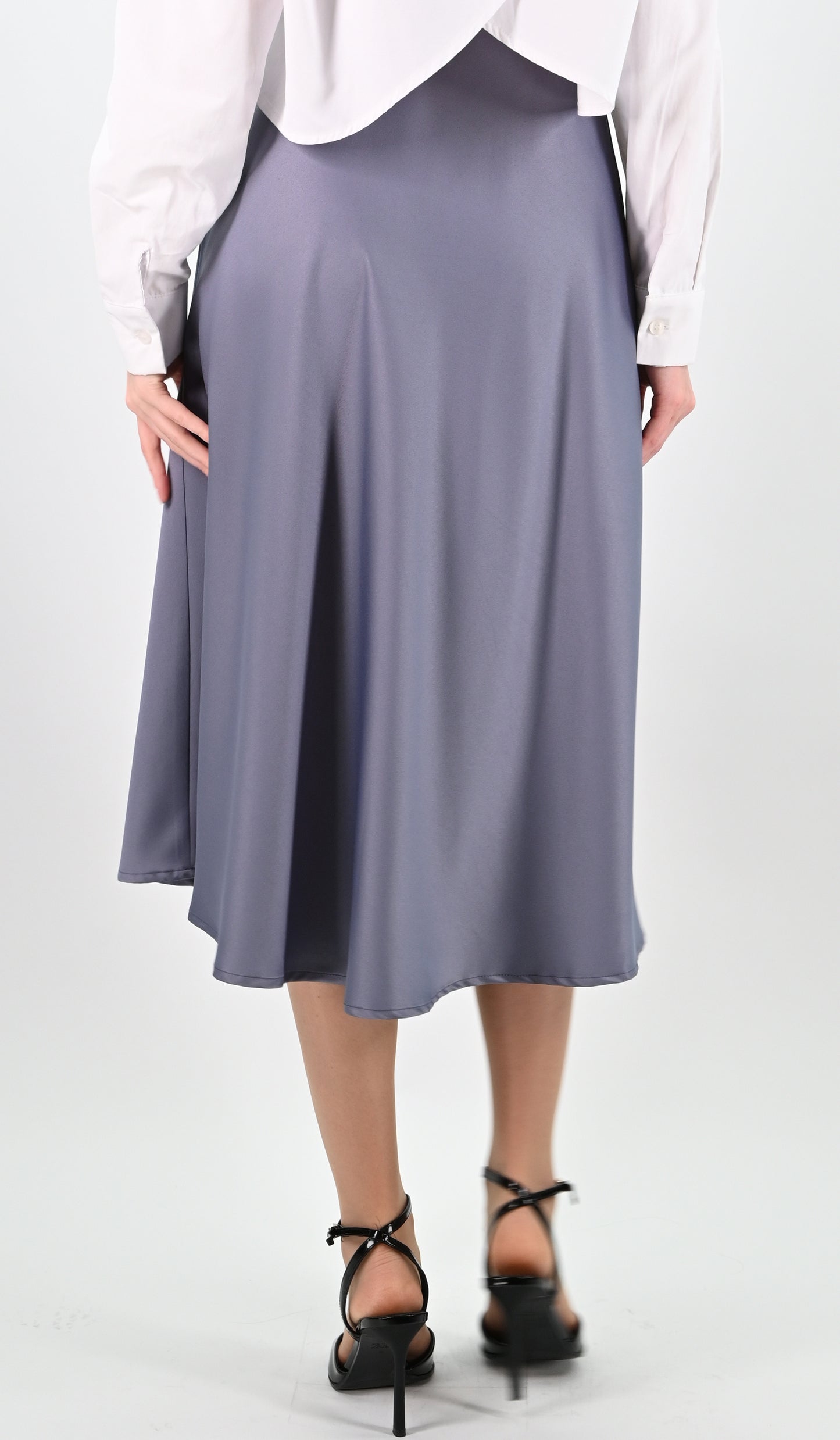 Blue-Grey Satin Midi Skirt