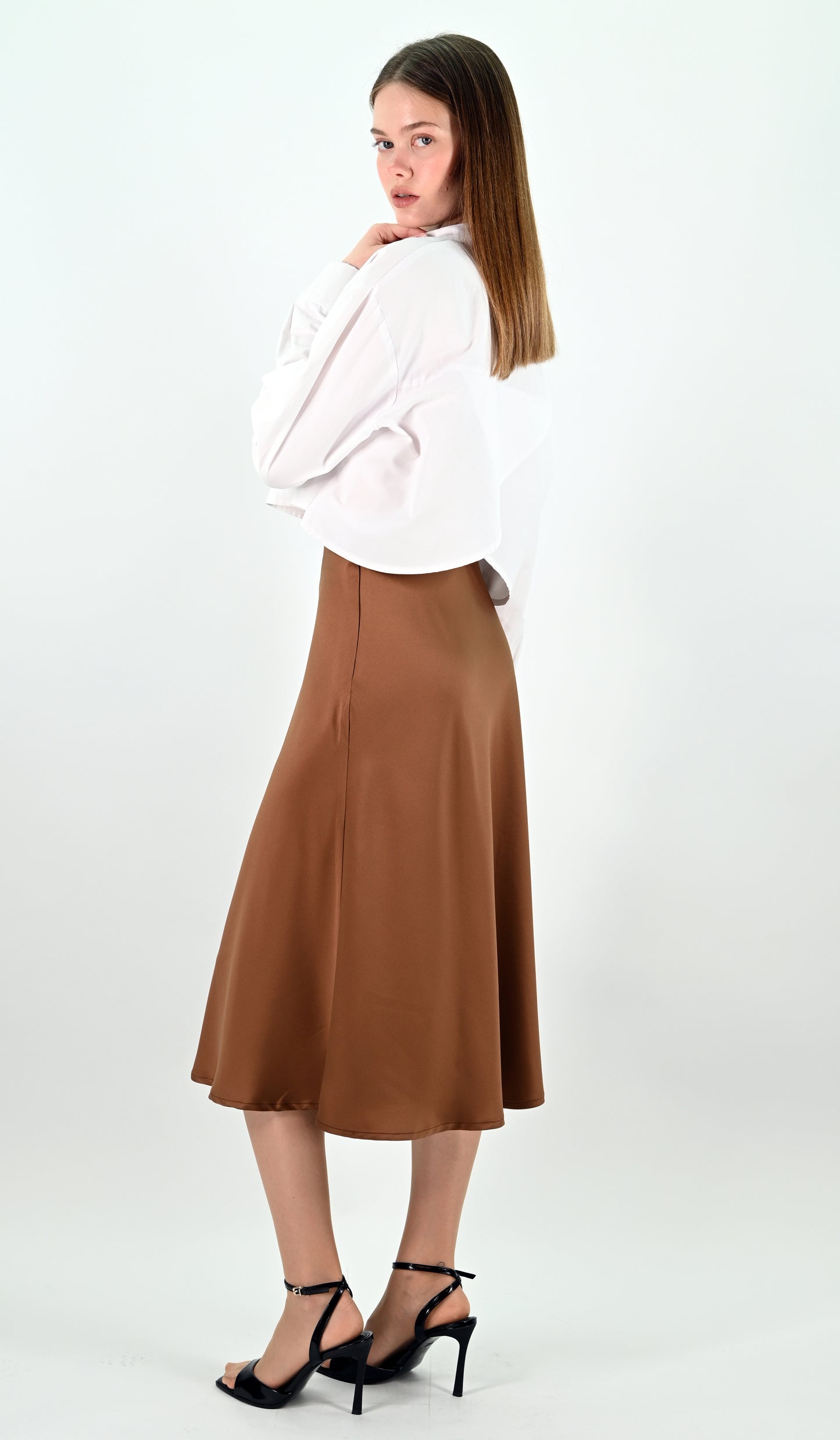 Brown Satin Midi Skirt